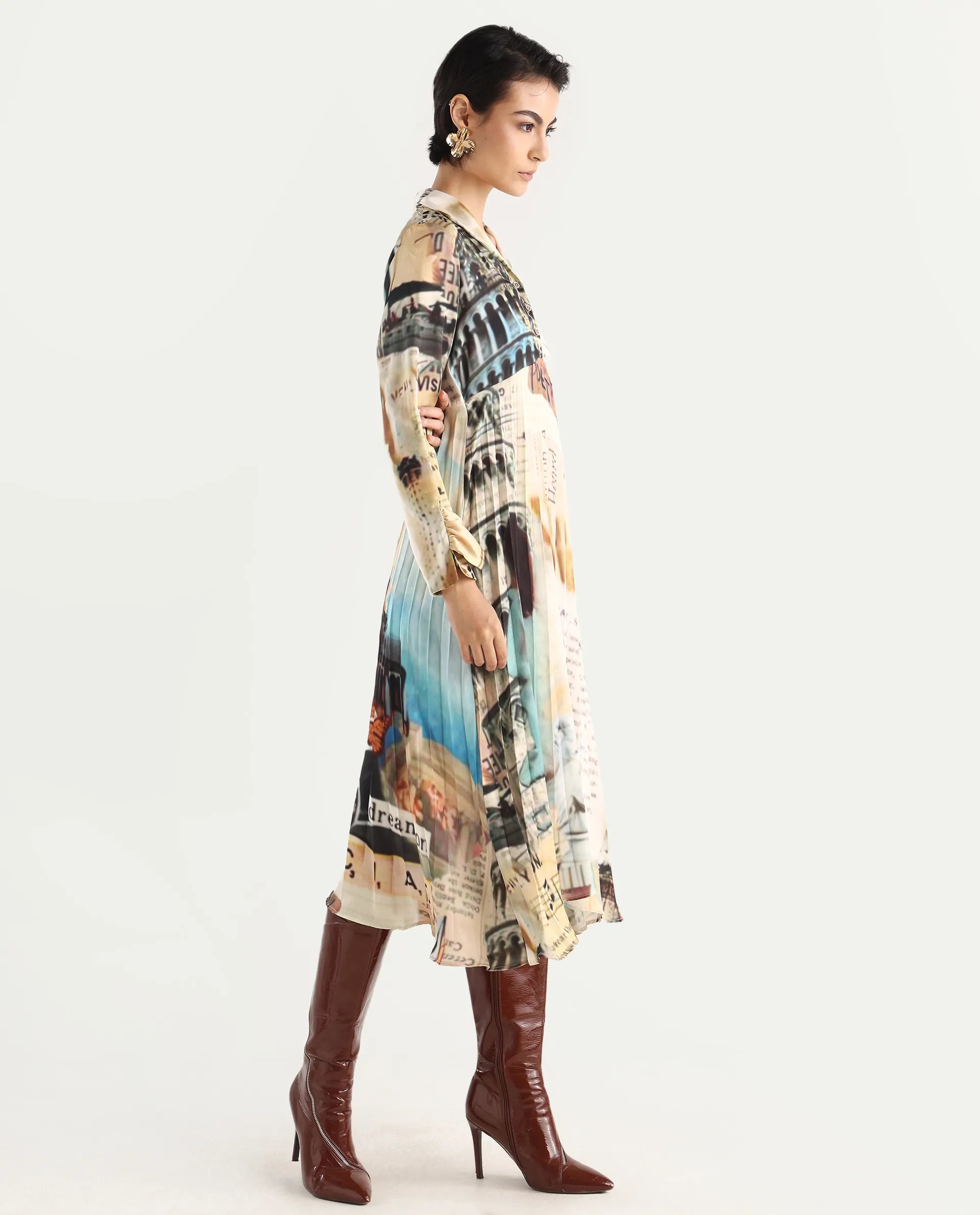 Rareism Women's Comros Multi Satin Drop Collar Abstract Print Cuffed Sleeve Maxi Flared Dress