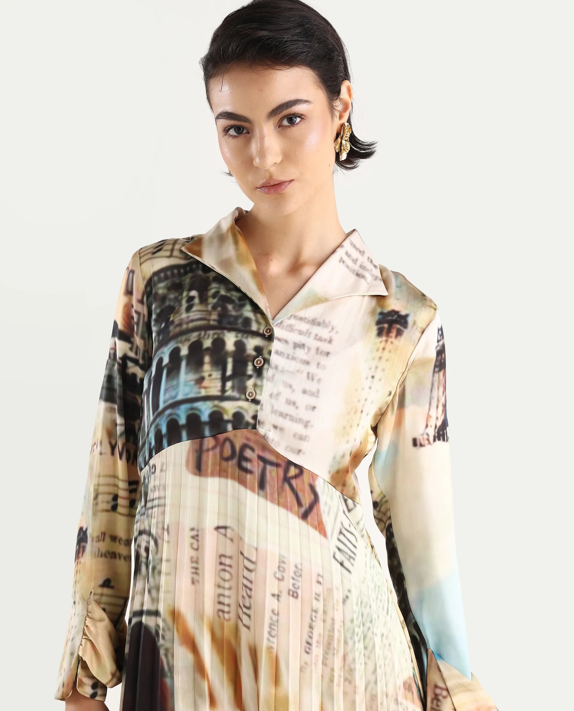 Rareism Women's Comros Multi Satin Drop Collar Abstract Print Cuffed Sleeve Maxi Flared Dress