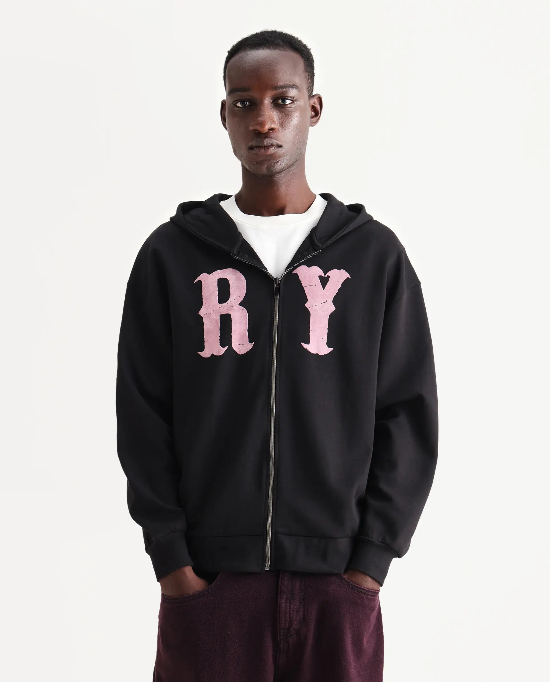 Rare Rabbit Men's Con Black Cotton Blend Graphic Print Boxy Fit Full Sleeve Hooded Sweatshirt