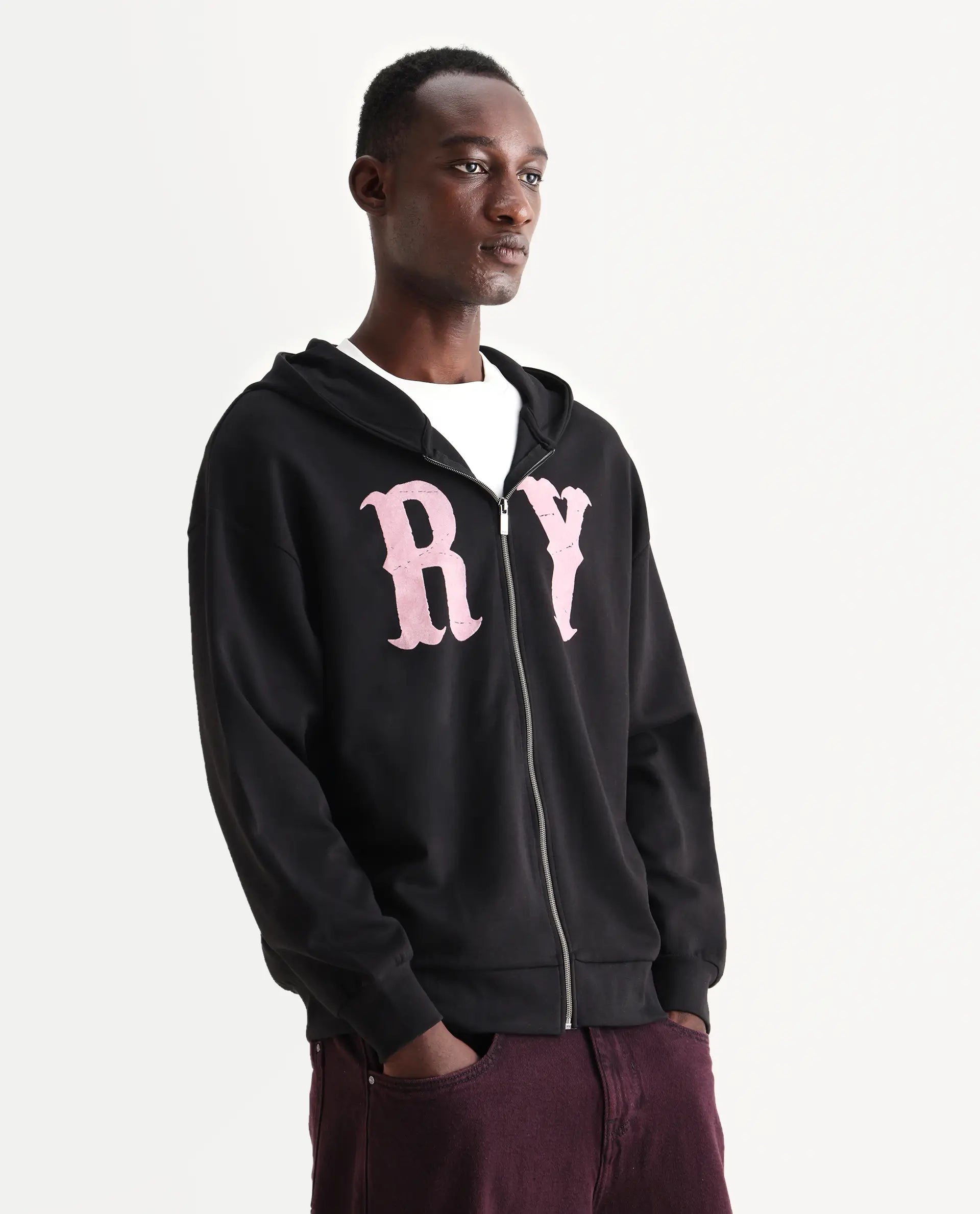 Rare Rabbit Men's Con Black Cotton Blend Graphic Print Boxy Fit Full Sleeve Hooded Sweatshirt