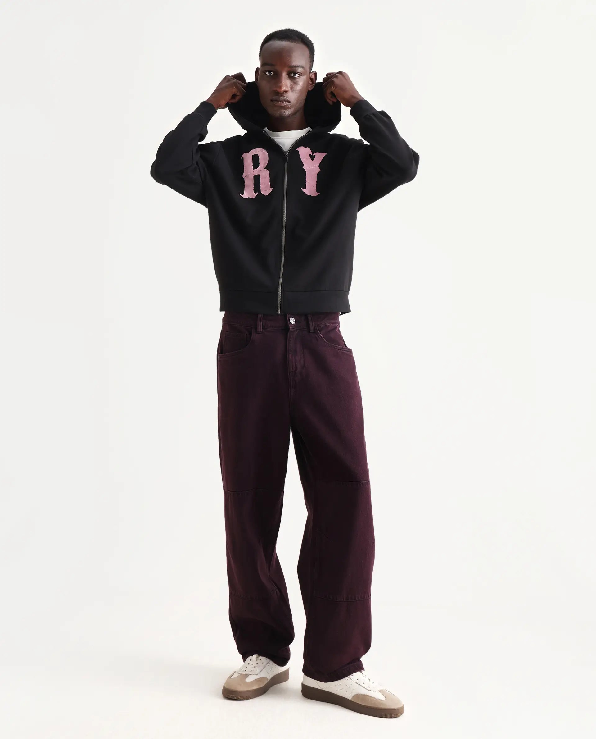 Rare Rabbit Men's Con Black Cotton Blend Graphic Print Boxy Fit Full Sleeve Hooded Sweatshirt