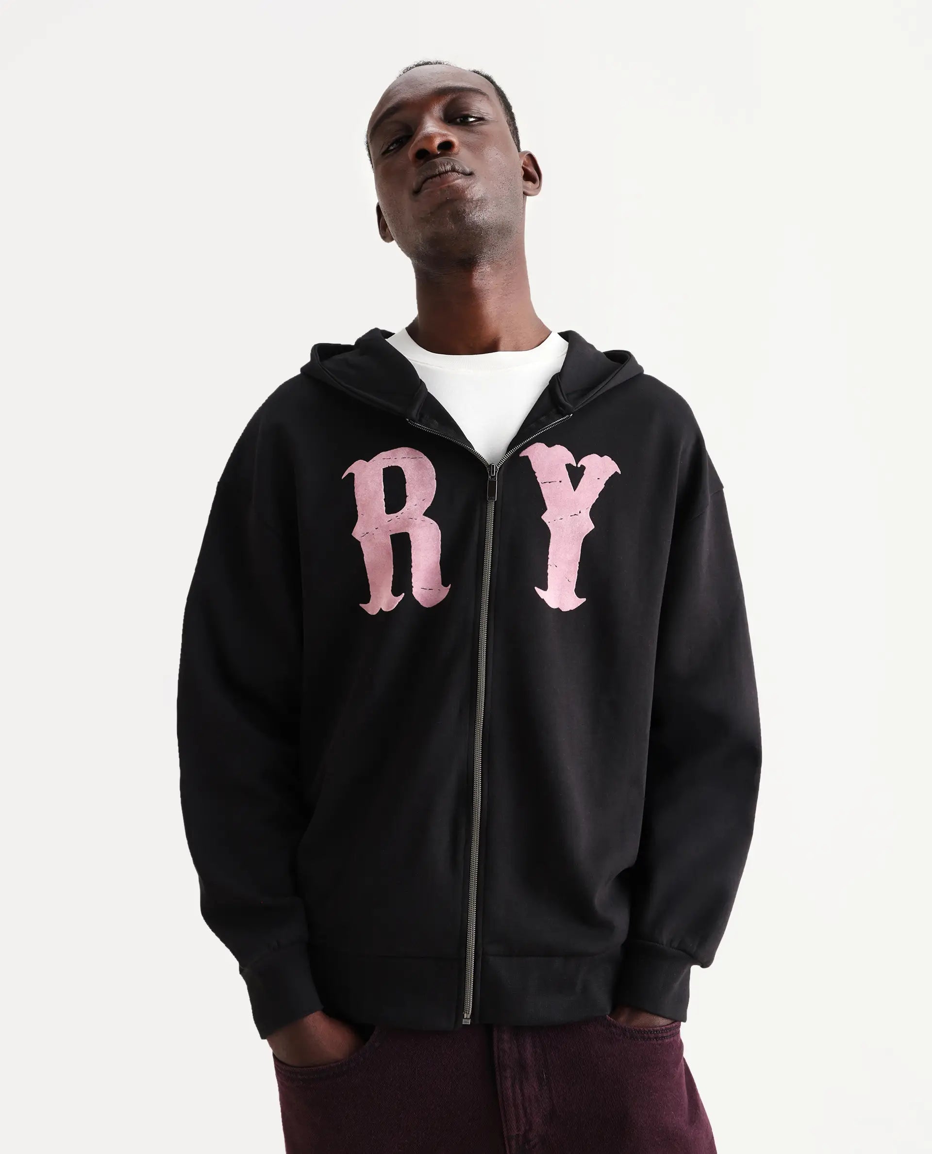 Rare Rabbit Men's Con Black Cotton Blend Graphic Print Boxy Fit Full Sleeve Hooded Sweatshirt