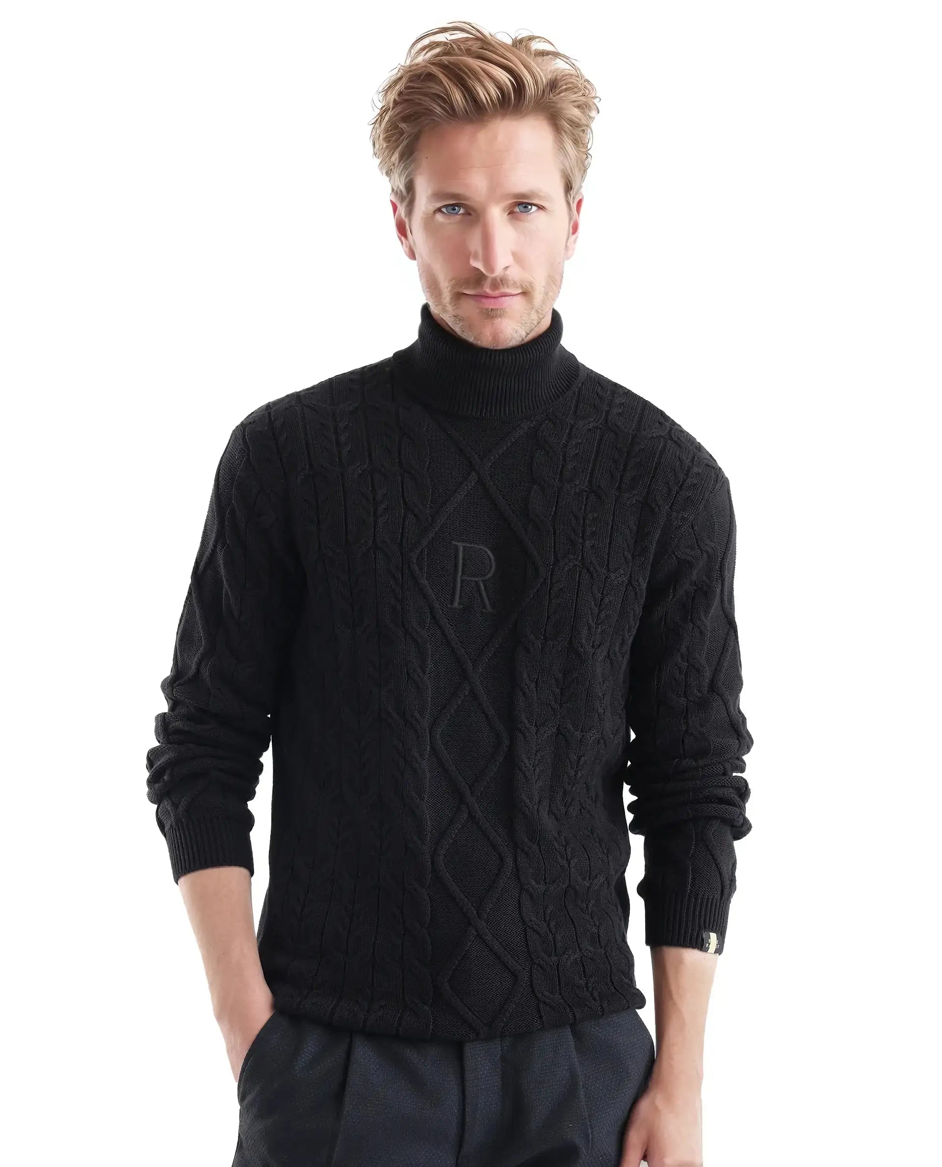 Rare Rabbit Men's Cong-1 Black Cotton Fabric Full Sleeve Turtleneck Cable Knit Sweater
