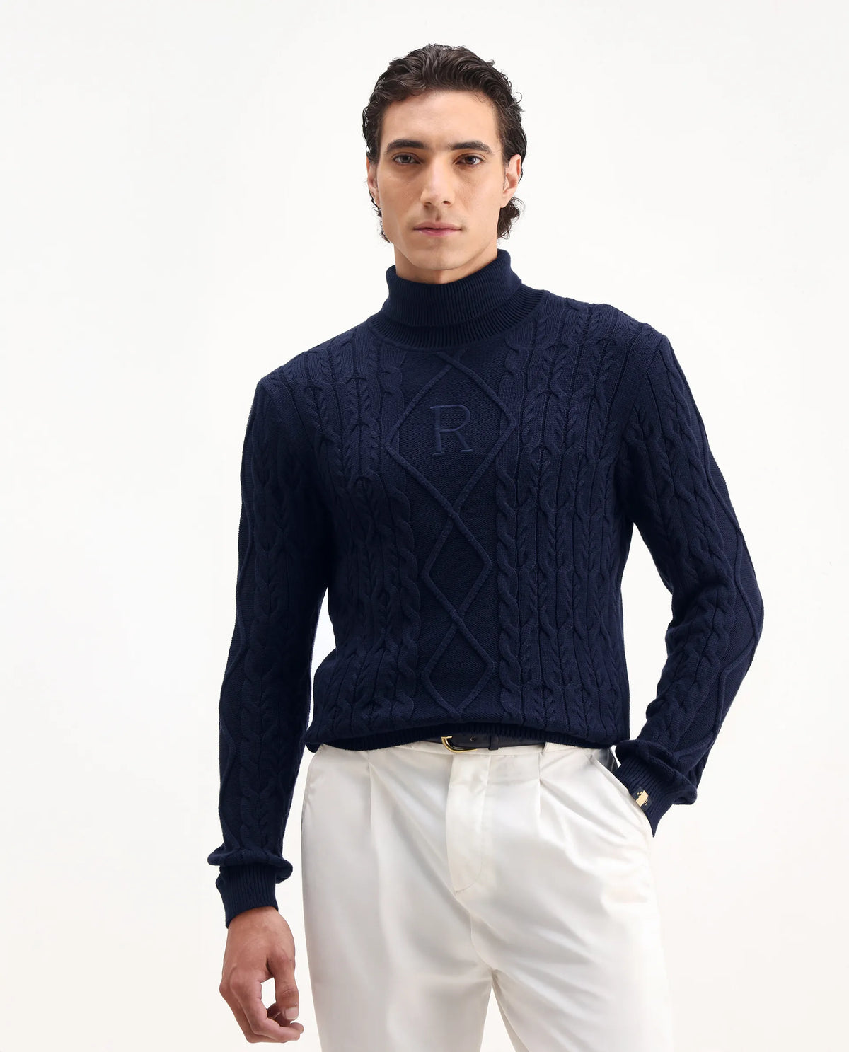 Rare Rabbit Men's Cong Navy Cotton Embroidered Relaxed Fit Full Sleeve Turtle Neck Sweater