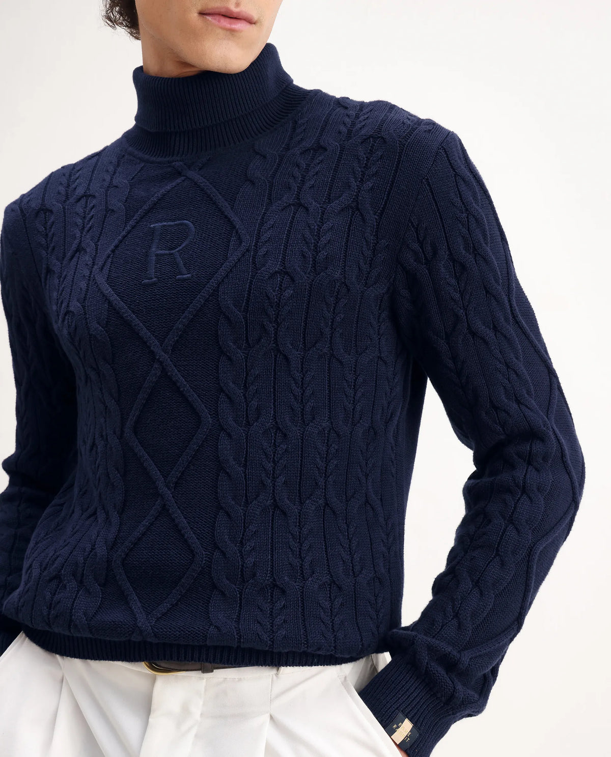 Rare Rabbit Men's Cong Navy Cotton Embroidered Relaxed Fit Full Sleeve Turtle Neck Sweater
