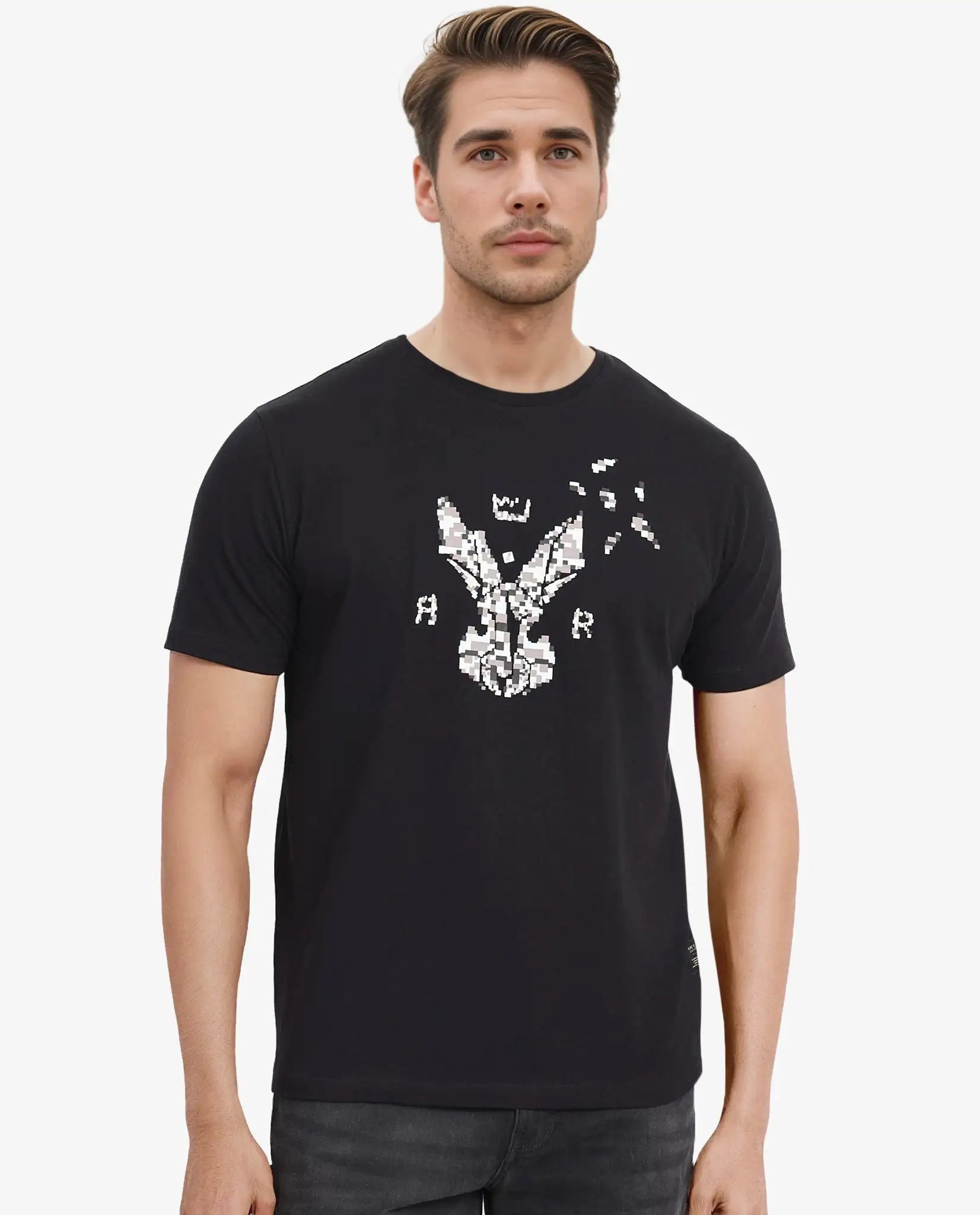 Rare Rabbit Men's Conno Black Cotton Graphic Print Oversized Fit Half Sleeve Crew Neck T-Shirt