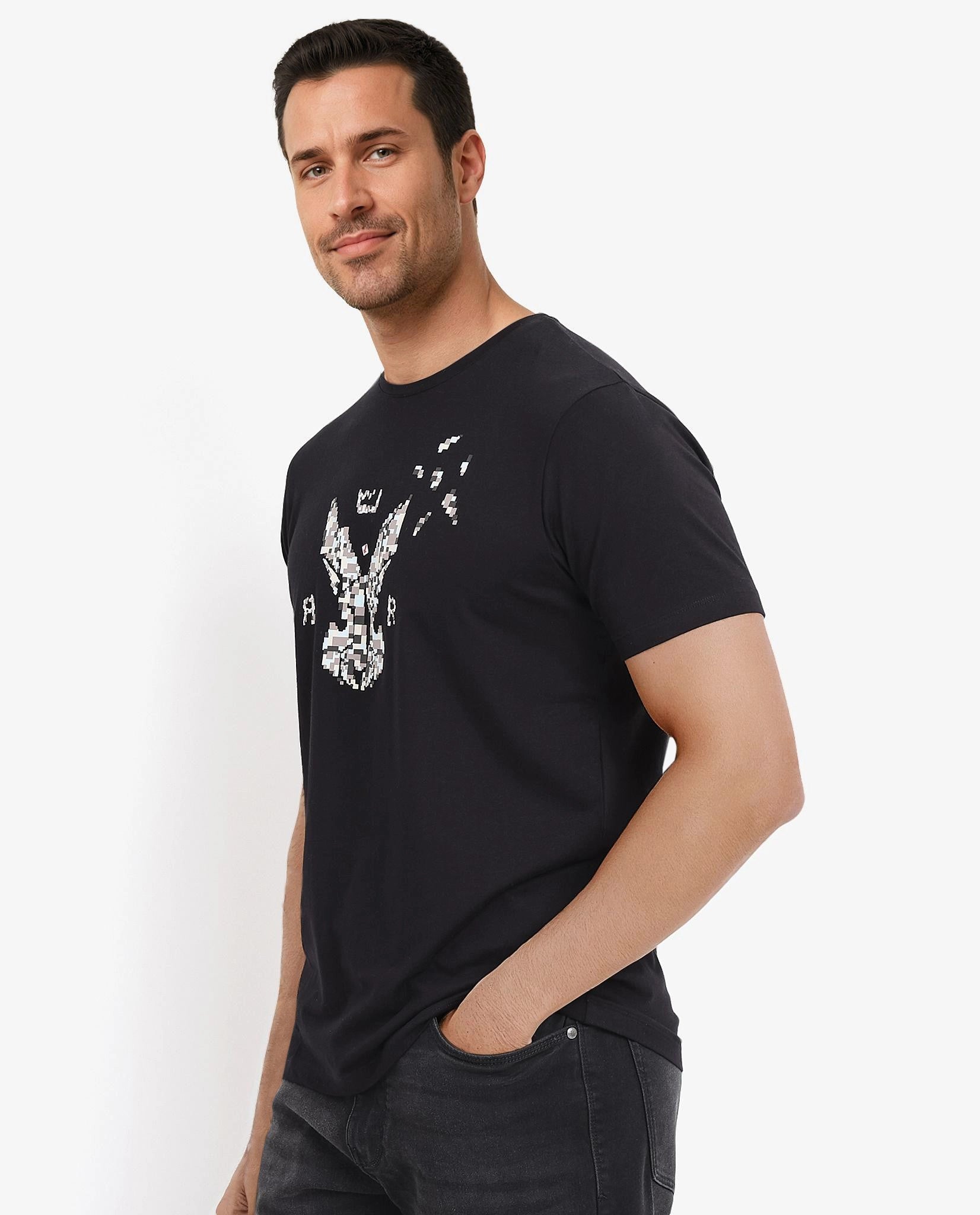 Rare Rabbit Men Conno Black Cotton Lycra Fabric Short Sleeve Crew Neck Regular Fit Graphic Logo Print T-Shirt