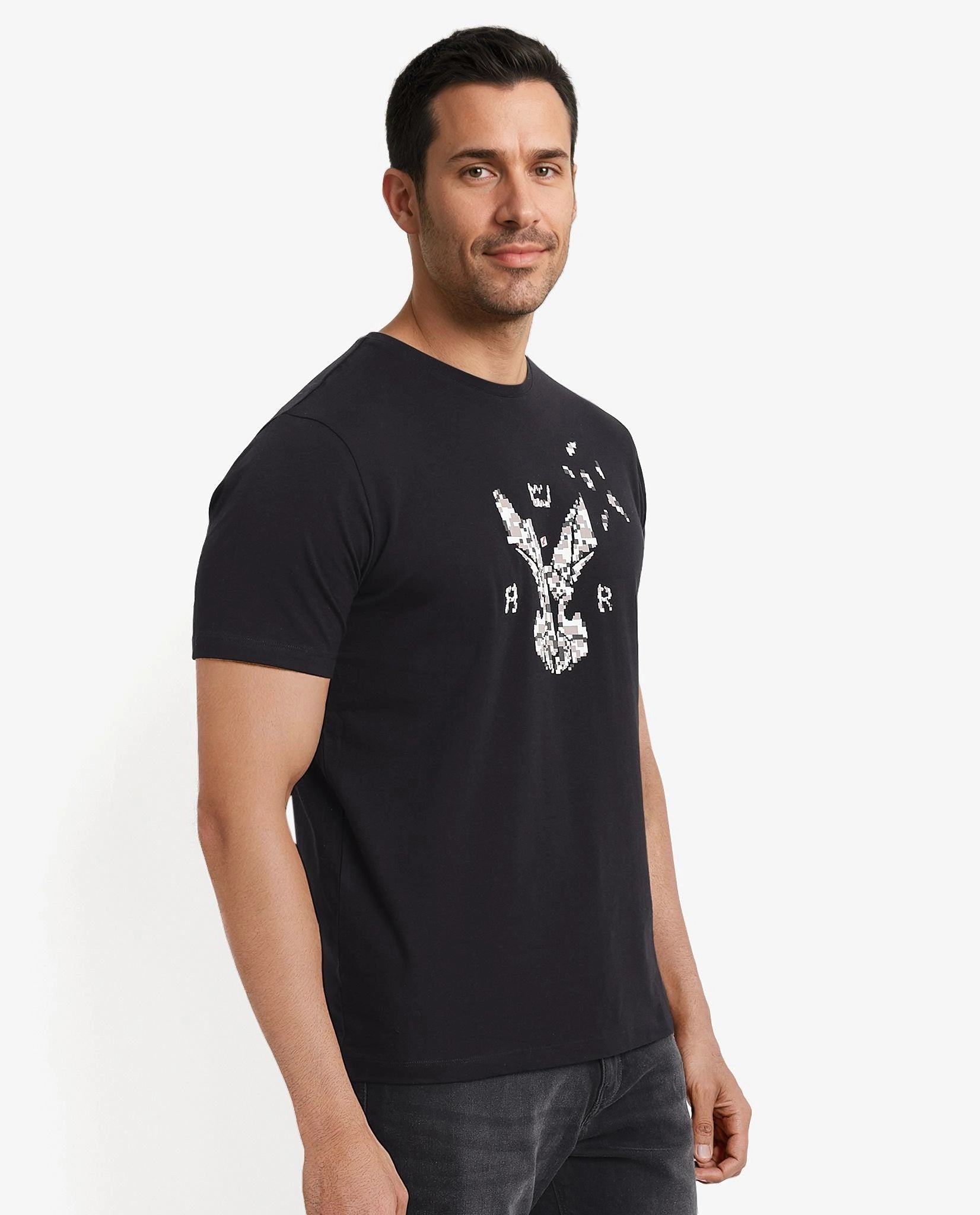 Rare Rabbit Men Conno Black Cotton Lycra Fabric Short Sleeve Crew Neck Regular Fit Graphic Logo Print T-Shirt