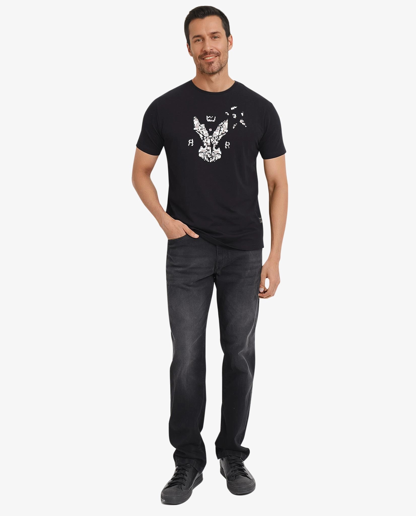 Rare Rabbit Men Conno Black Cotton Lycra Fabric Short Sleeve Crew Neck Regular Fit Graphic Logo Print T-Shirt