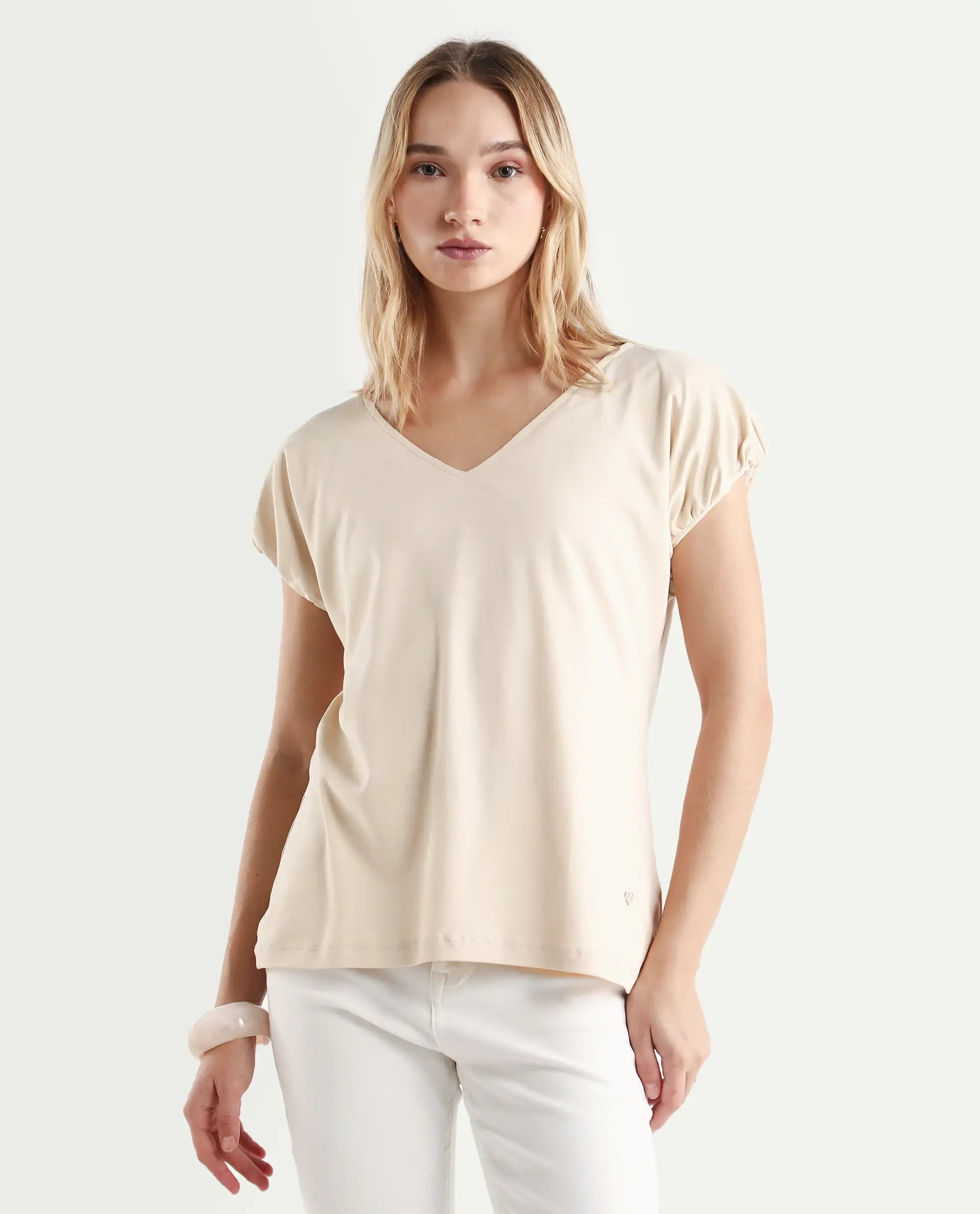 Rareism Women's Conrad Beige Cotton V-Neck Plain Extended Sleeves Regular Fit Top