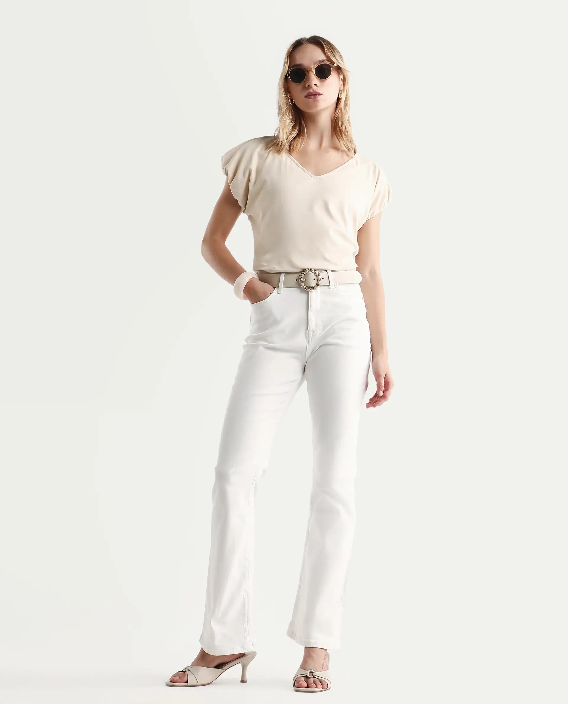 Rareism Women's Conrad Beige Cotton V-Neck Plain Extended Sleeves Regular Fit Top