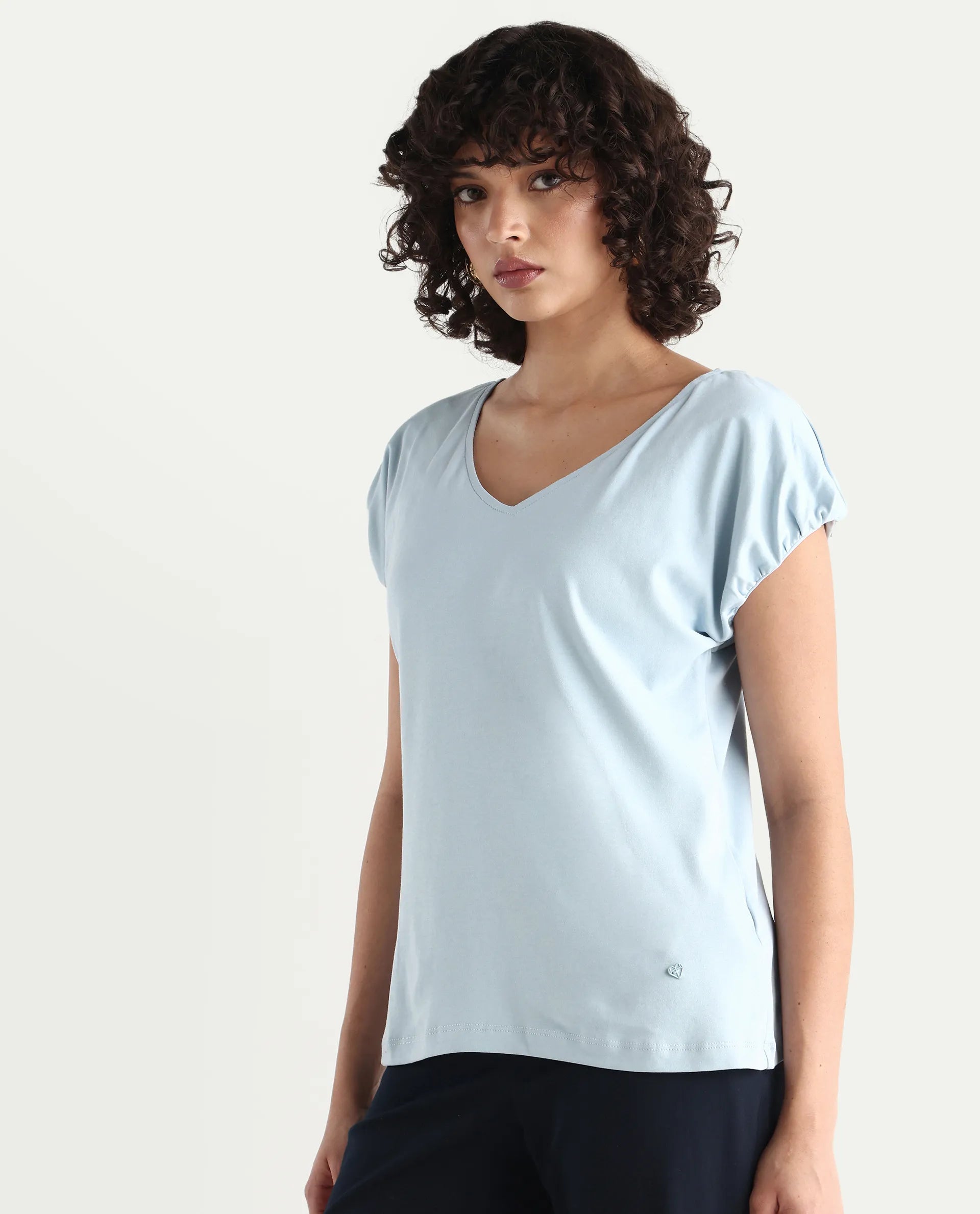 Rareism Women's Conrad Light Blue Cotton V-Neck Plain Extended Sleeves Regular Fit Top