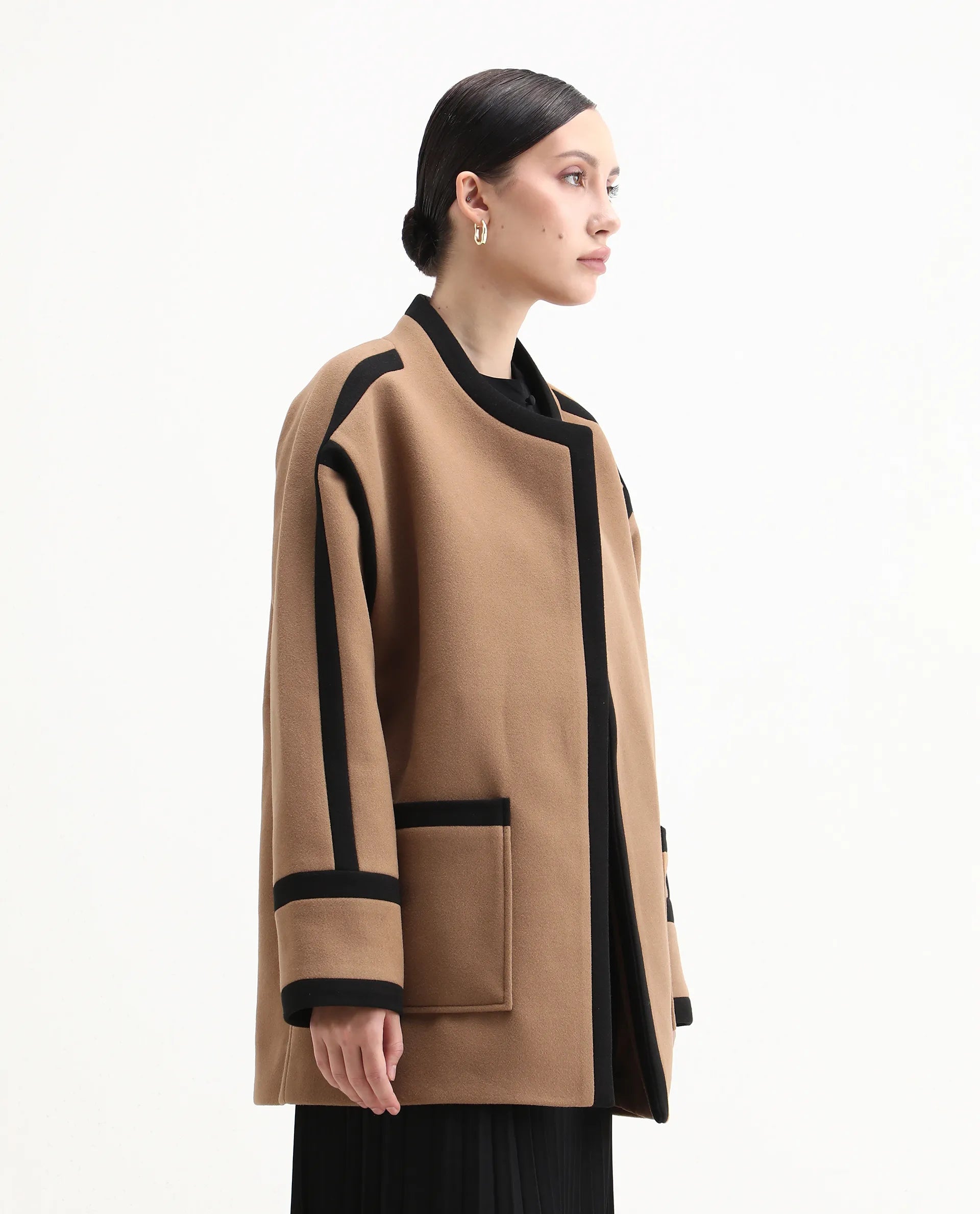 Rareism Women's Contra Tan Polyester Crew Neck Regular Fit Plain Jacket