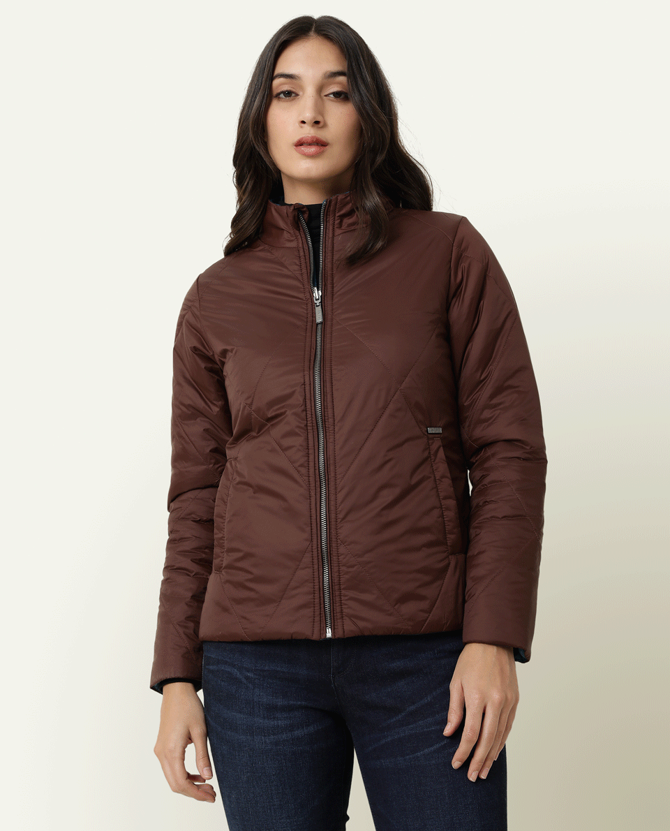 Rareism Women Cora Maroon Polyester Fabric Full Sleeves Solid High Neck Jacket