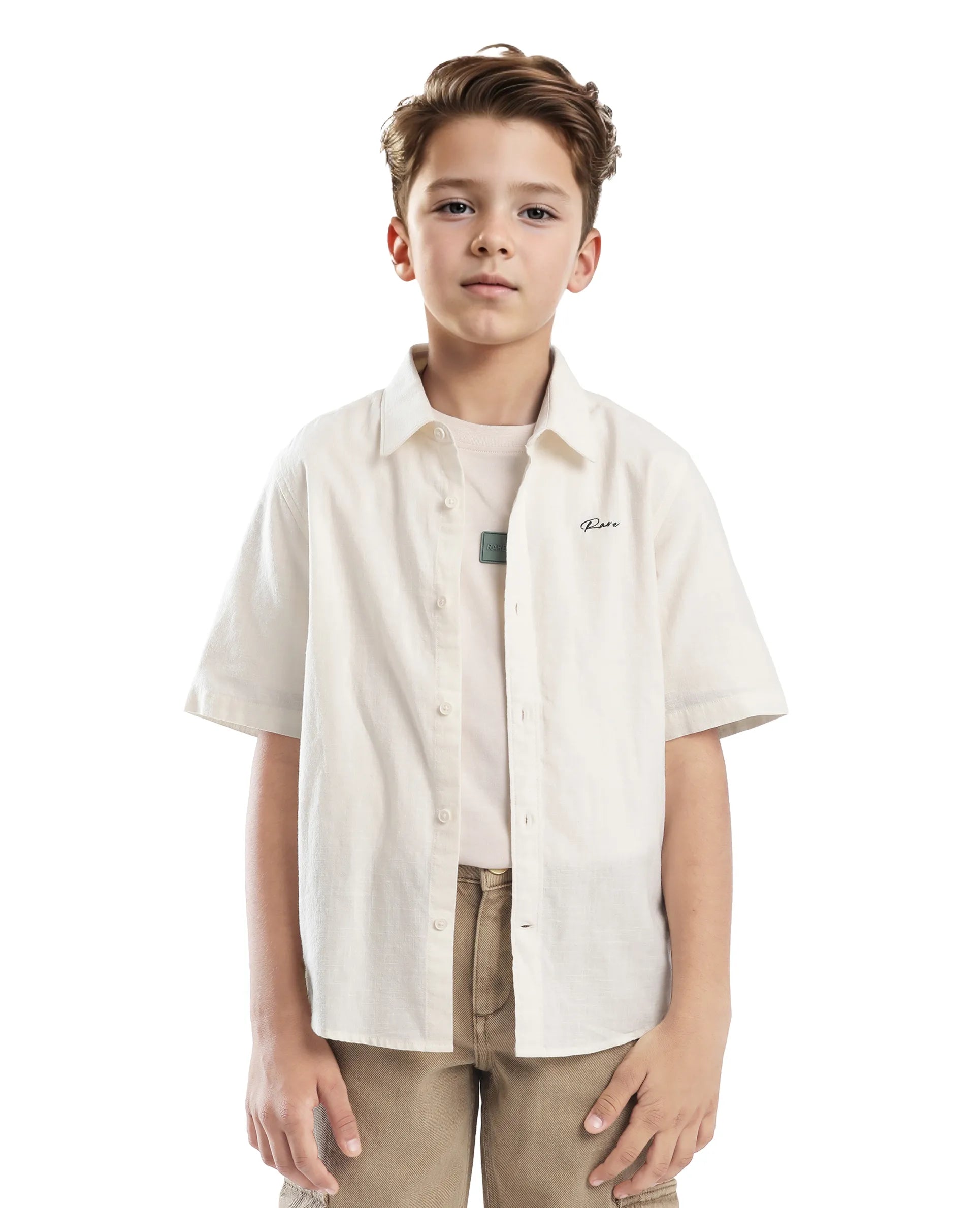 Rare Ones Kids Cora Off White Cotton Half Sleeve Button Embroidered Regular Fit Shirt