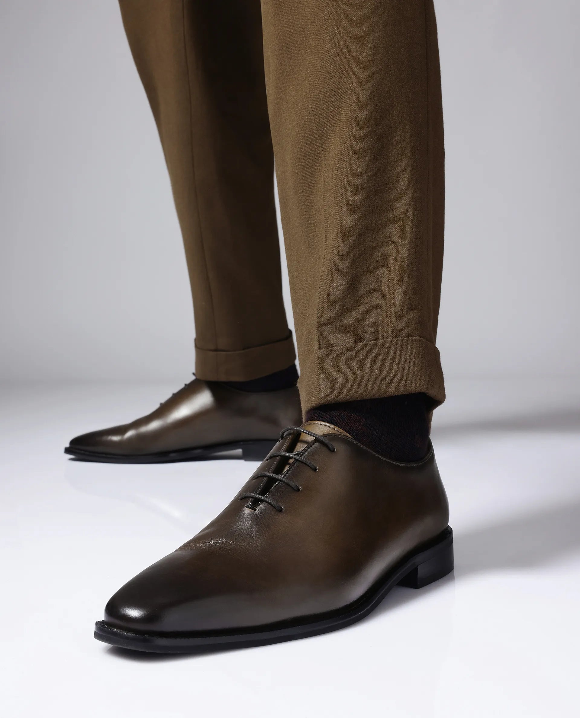 Rare Rabbit Men Corax Olive Lace-Up Single Piece Genuine Leather Shoes