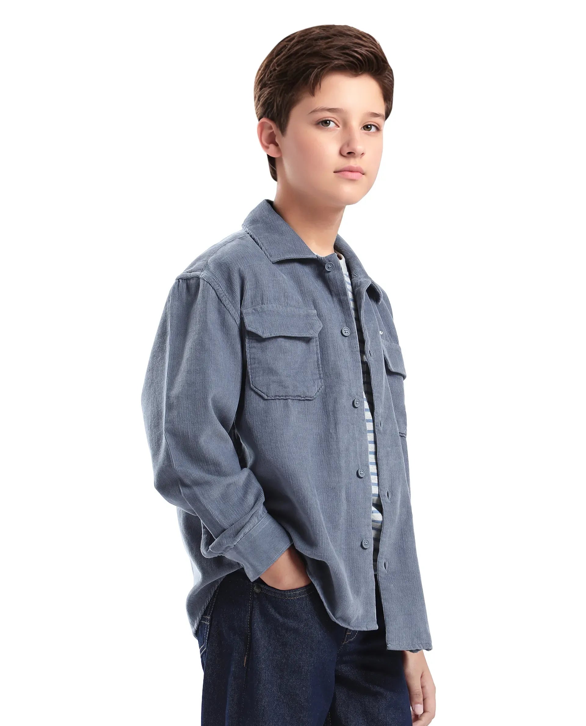 Rare Ones Kids Cord Grey Cotton Full Sleeve Button Embroidered Regular Fit Shirt