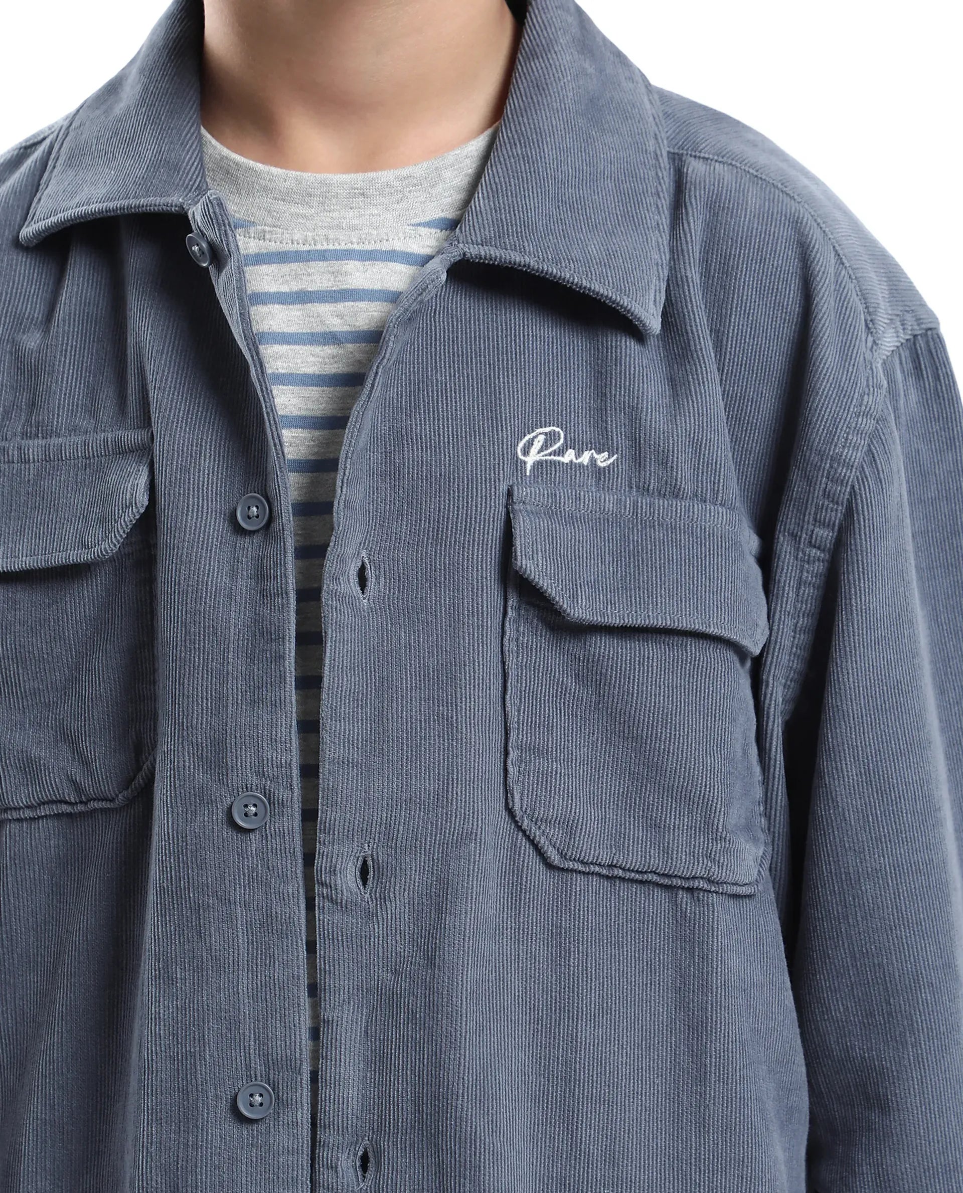 Rare Ones Kids Cord Grey Cotton Full Sleeve Button Embroidered Regular Fit Shirt