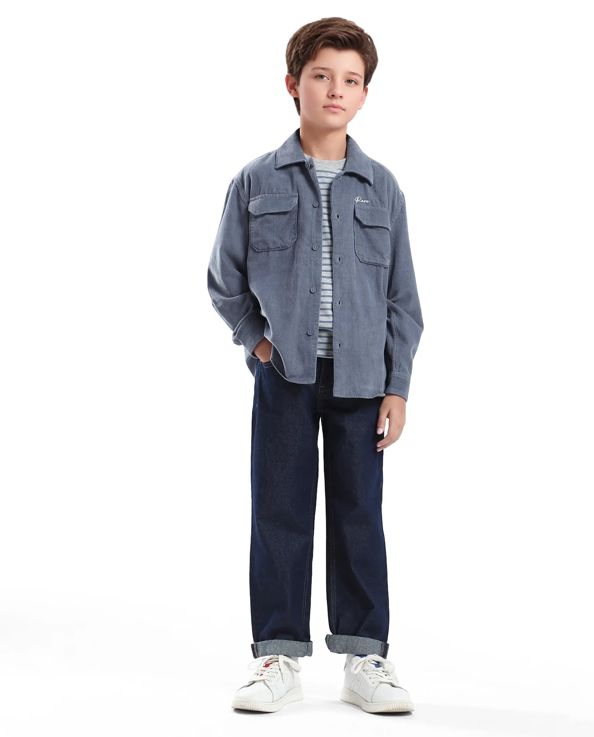 Rare Ones Kids Cord Grey Cotton Full Sleeve Button Embroidered Regular Fit Shirt