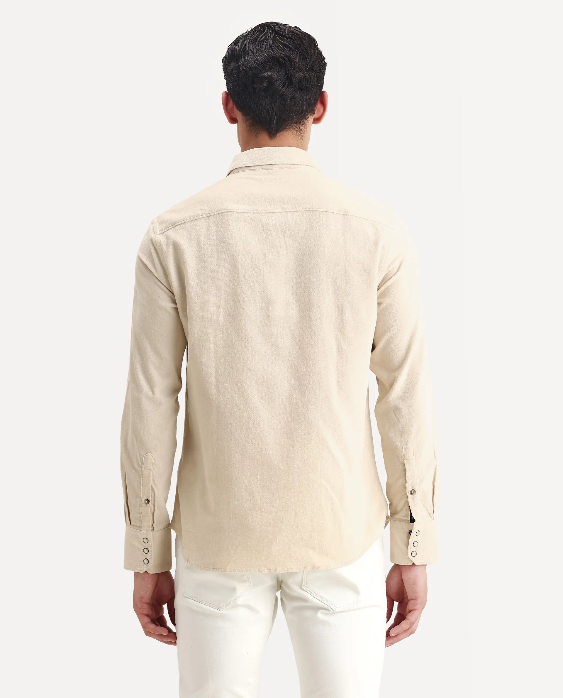 Rare Rabbit Men's Cordin-2 Beige Cotton Plain Regular Fit Full Sleeve Collared Shirt