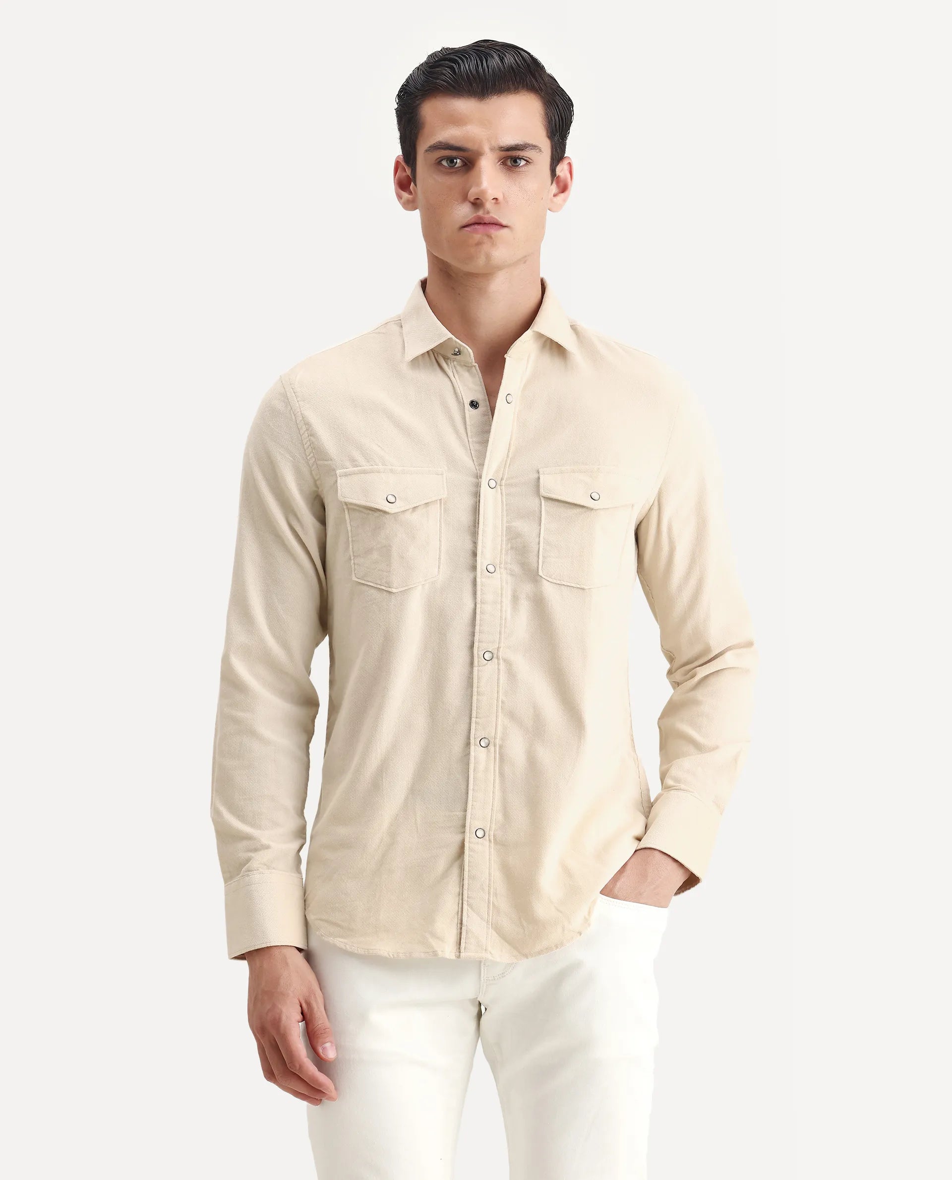 Rare Rabbit Men's Cordin-2 Beige Cotton Plain Regular Fit Full Sleeve Collared Shirt