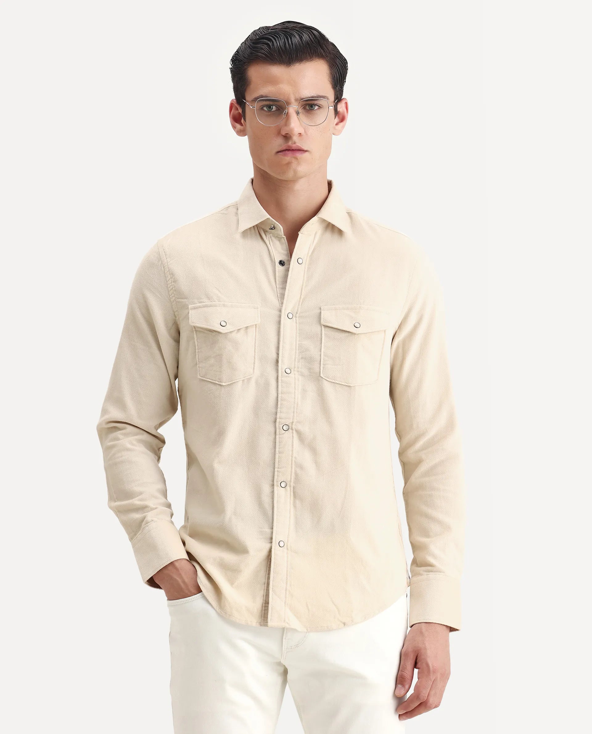 Rare Rabbit Men's Cordin-2 Beige Cotton Plain Regular Fit Full Sleeve Collared Shirt