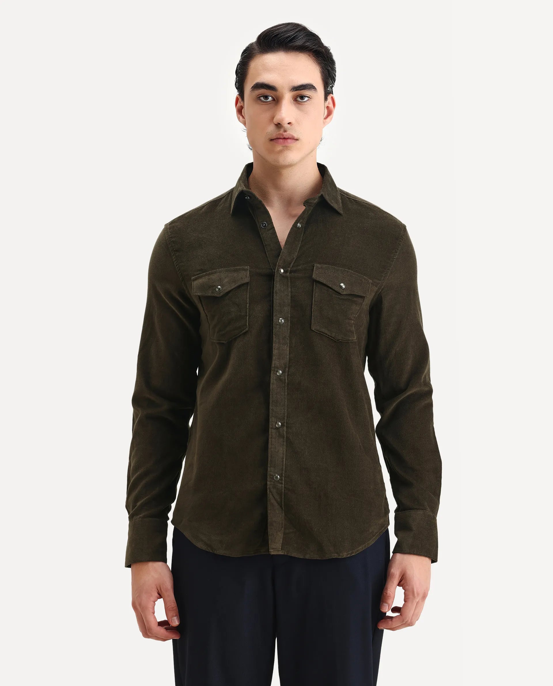 Rare Rabbit Men's Cordin-2 Olive Cotton Plain Regular Fit Full Sleeve Collared Shirt