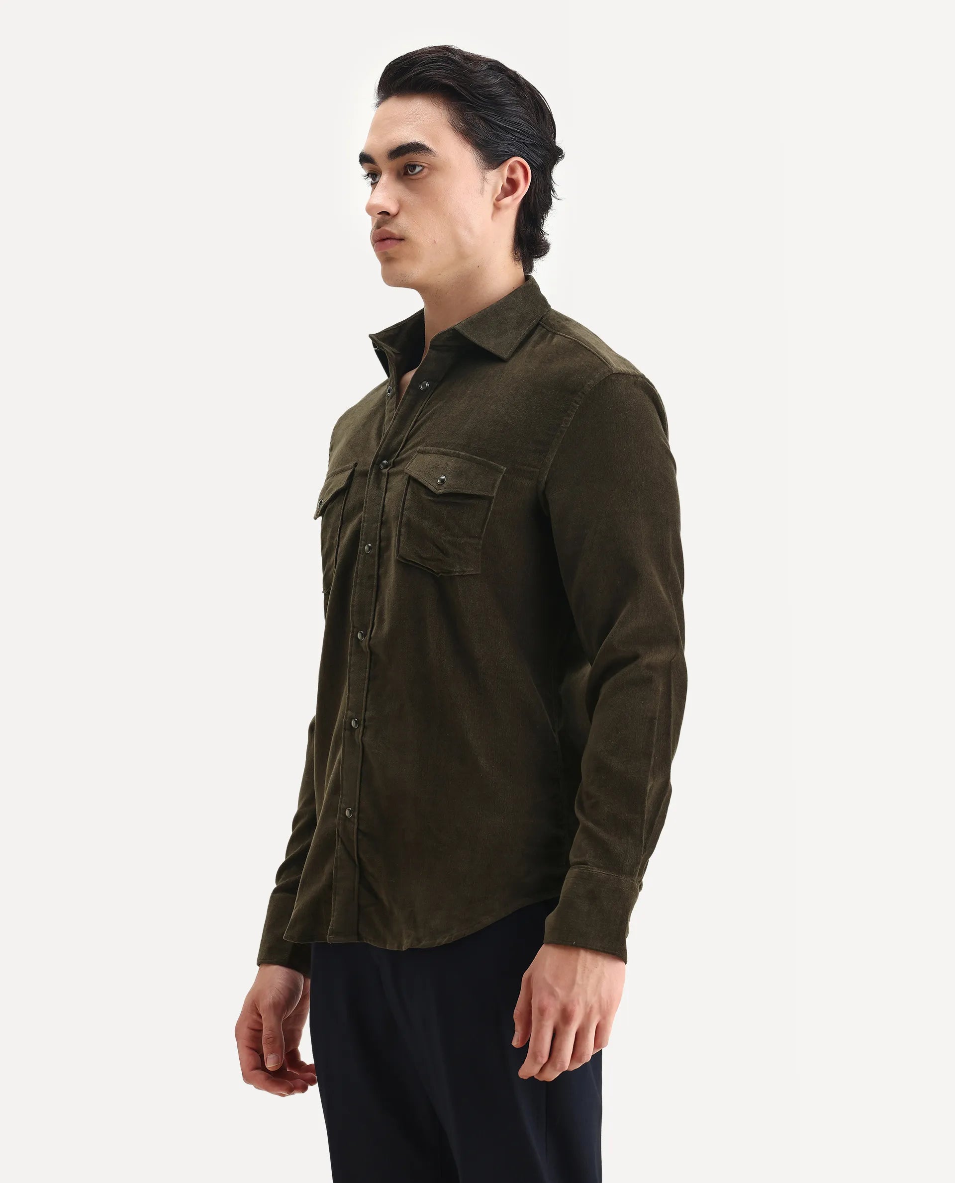 Rare Rabbit Men's Cordin-2 Olive Cotton Plain Regular Fit Full Sleeve Collared Shirt