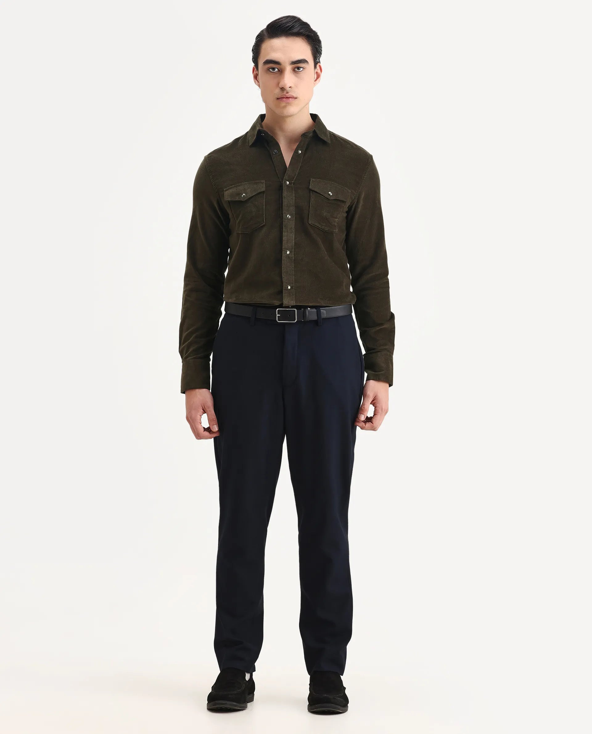 Rare Rabbit Men's Cordin-2 Olive Cotton Plain Regular Fit Full Sleeve Collared Shirt