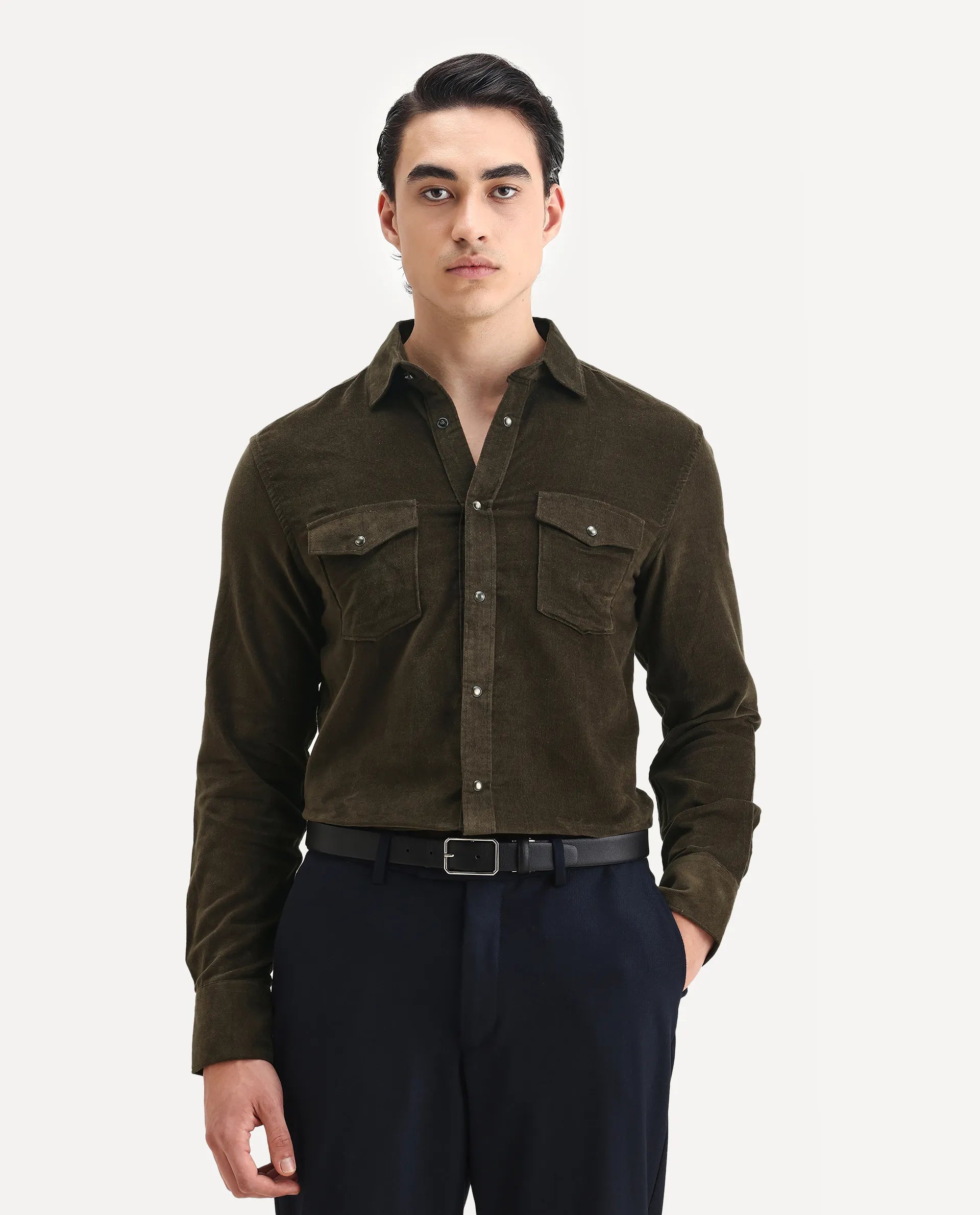 Rare Rabbit Men's Cordin-2 Olive Cotton Plain Regular Fit Full Sleeve Collared Shirt