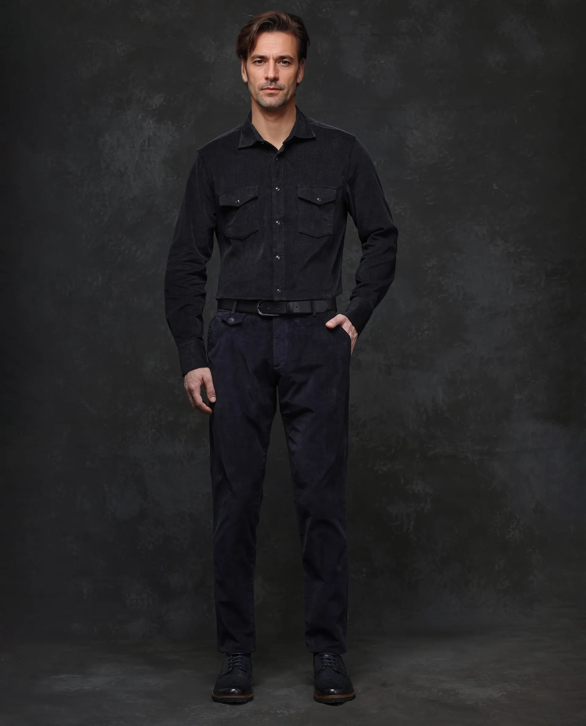 Rare Rabbit Men Cordin-2 Black Full Sleeve Regular Collared Button Closure Double Pocketed Regular Fit Velveteen Shirt