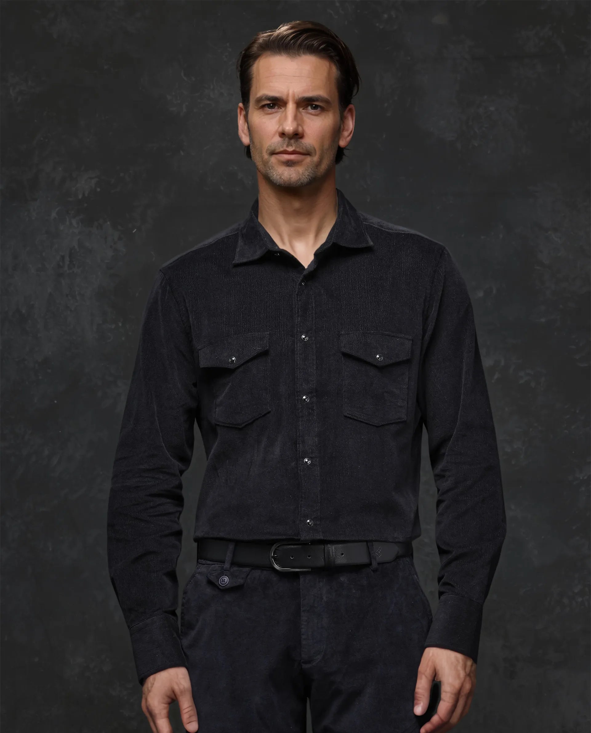 Rare Rabbit Men Cordin-2 Black Full Sleeve Regular Collared Button Closure Double Pocketed Regular Fit Velveteen Shirt