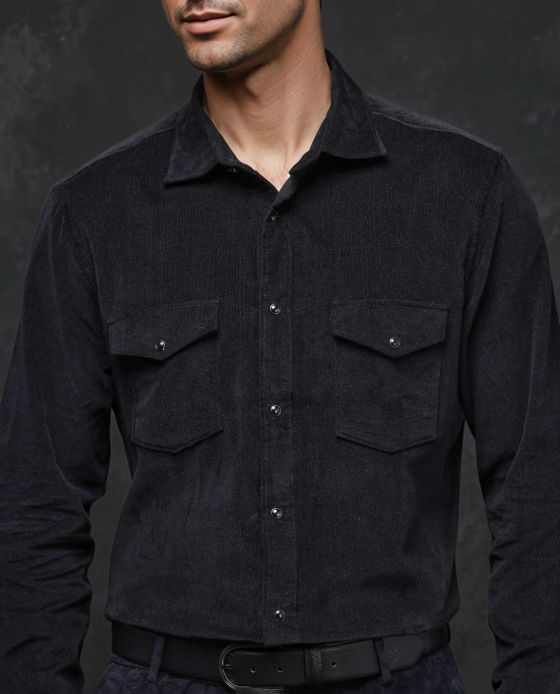 Rare Rabbit Men Cordin-2 Black Full Sleeve Regular Collared Button Closure Double Pocketed Regular Fit Velveteen Shirt