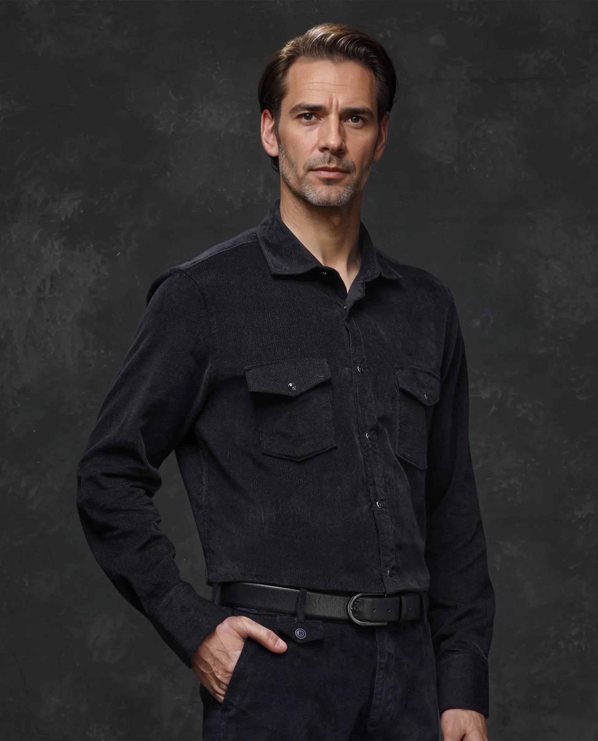 Rare Rabbit Men Cordin-2 Black Full Sleeve Regular Collared Button Closure Double Pocketed Regular Fit Velveteen Shirt