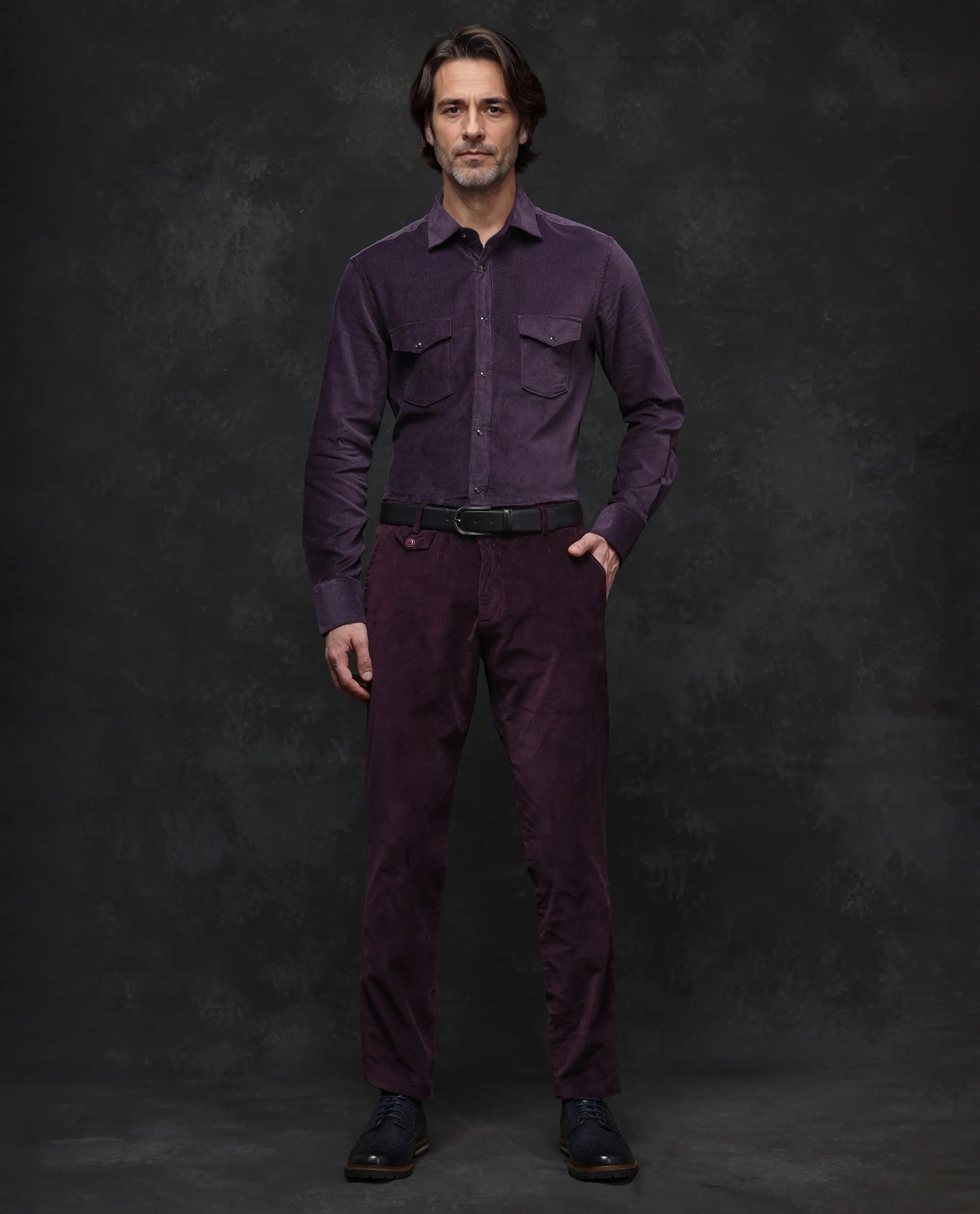 Rare Rabbit Men Cordin-2 Dusky Purple Full Sleeve Regular Collared Button Closure Double Pocketed Regular Fit Velveteen Shirt