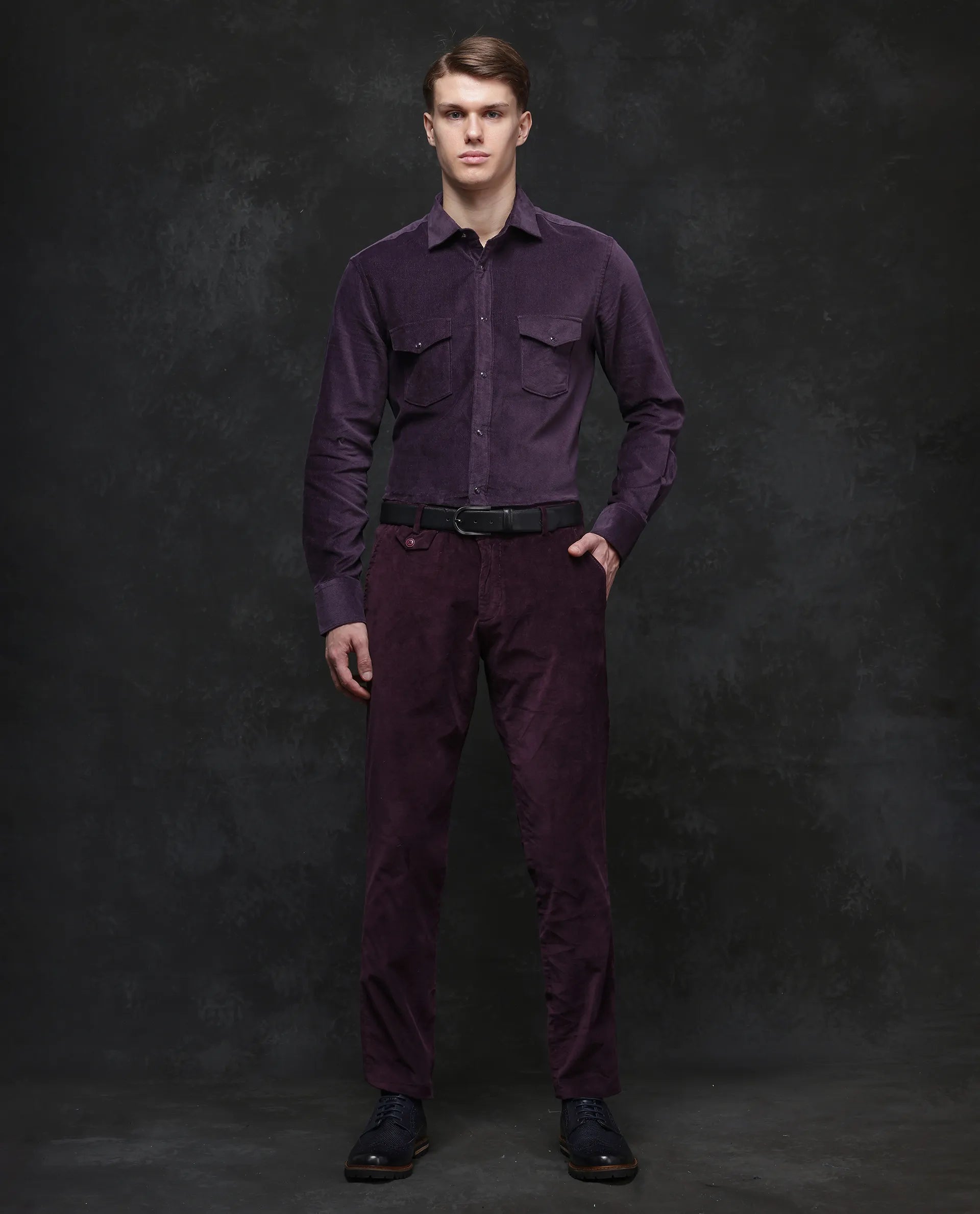 Rare Rabbit Men Cordin-2 Dusky Purple Full Sleeve Regular Collared Button Closure Double Pocketed Regular Fit Velveteen Shirt