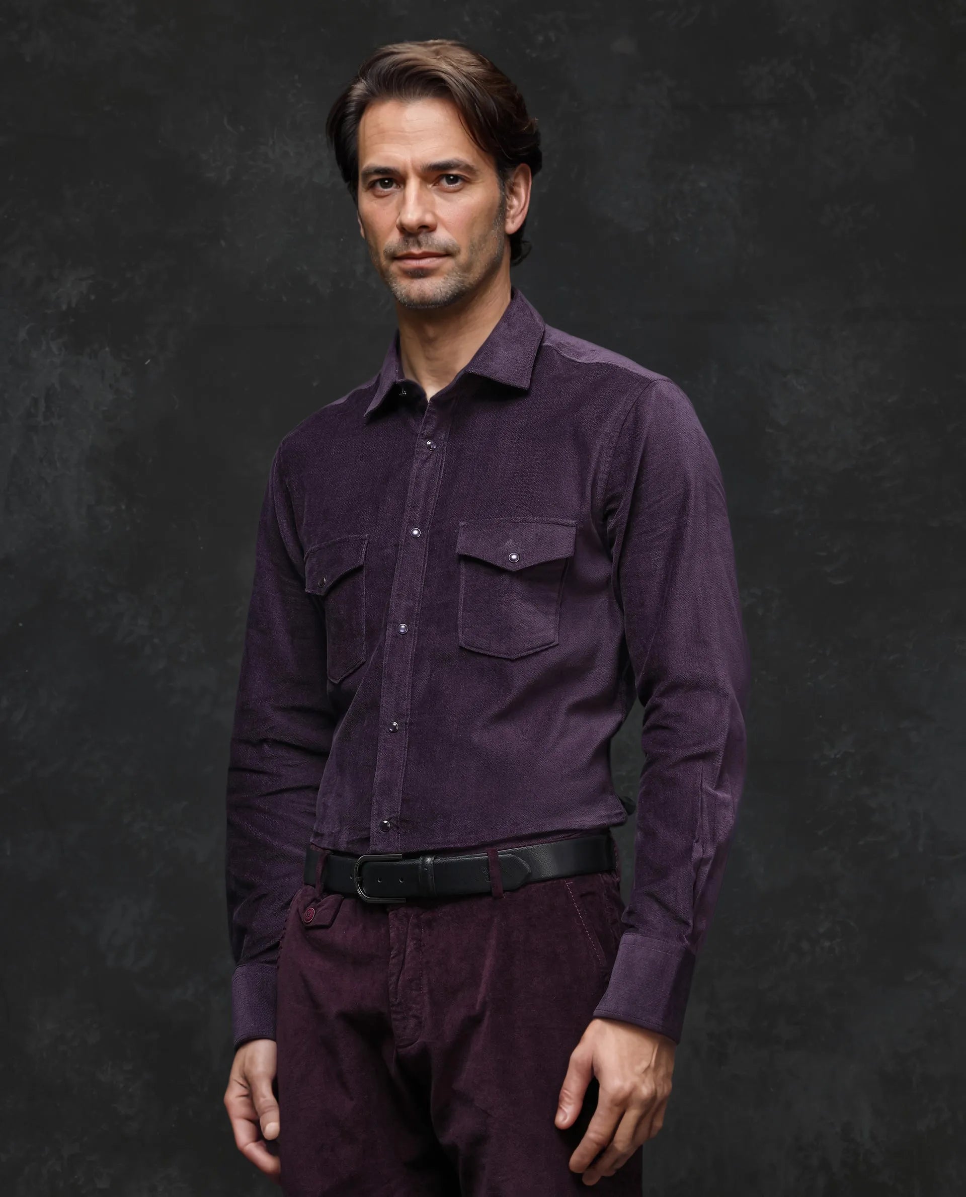 Rare Rabbit Men Cordin-2 Dusky Purple Full Sleeve Regular Collared Button Closure Double Pocketed Regular Fit Velveteen Shirt