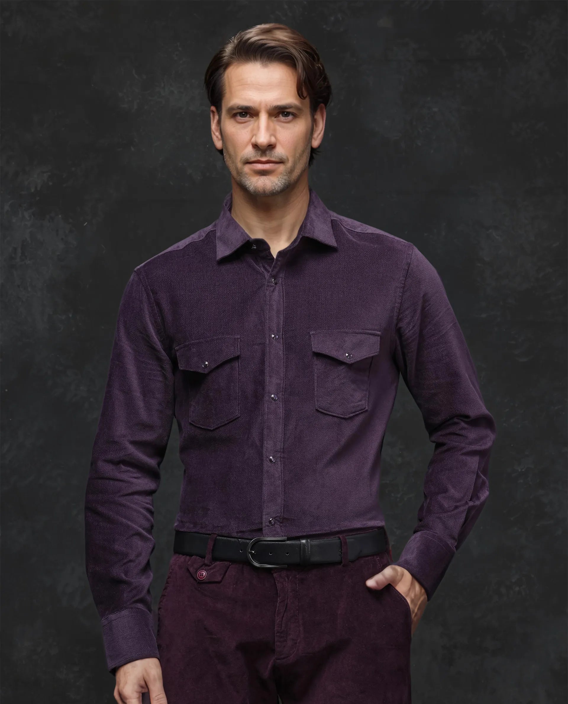 Rare Rabbit Men Cordin-2 Dusky Purple Full Sleeve Regular Collared Button Closure Double Pocketed Regular Fit Velveteen Shirt