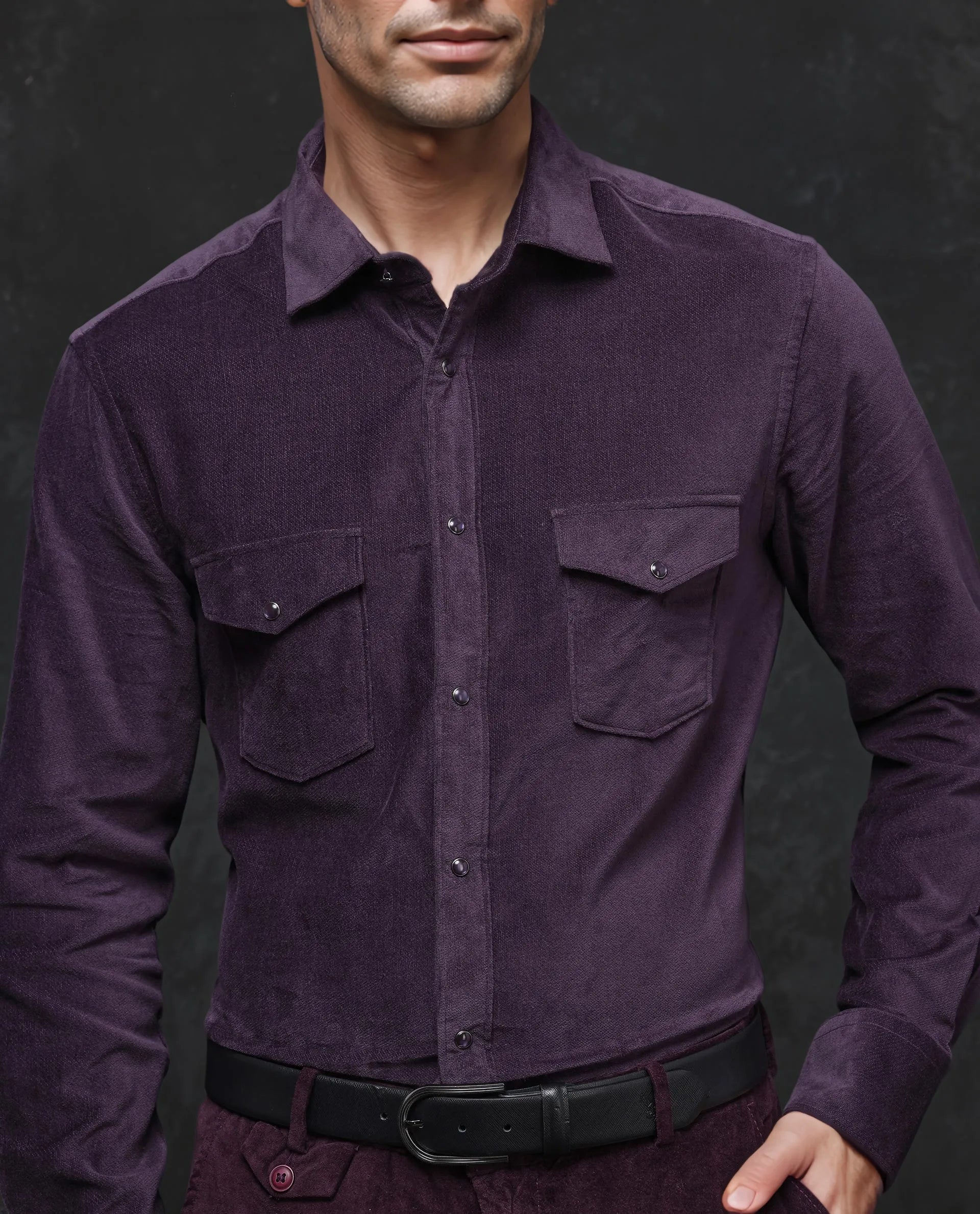 Rare Rabbit Men Cordin-2 Dusky Purple Full Sleeve Regular Collared Button Closure Double Pocketed Regular Fit Velveteen Shirt