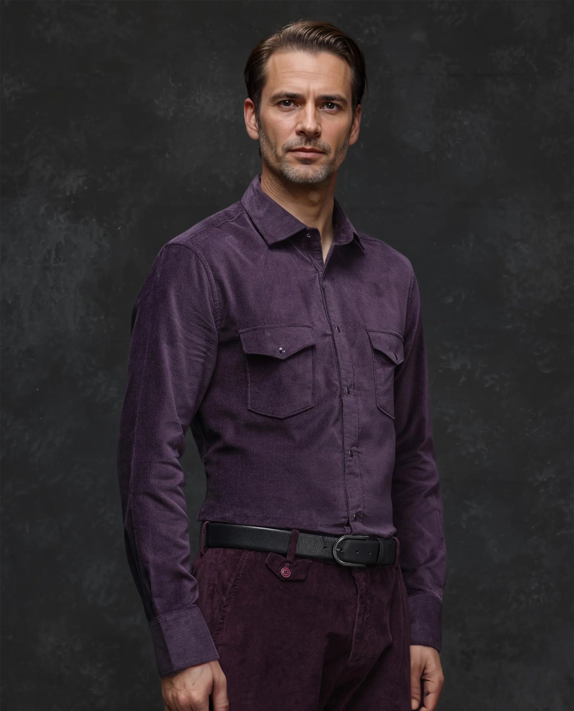Rare Rabbit Men Cordin-2 Dusky Purple Full Sleeve Regular Collared Button Closure Double Pocketed Regular Fit Velveteen Shirt