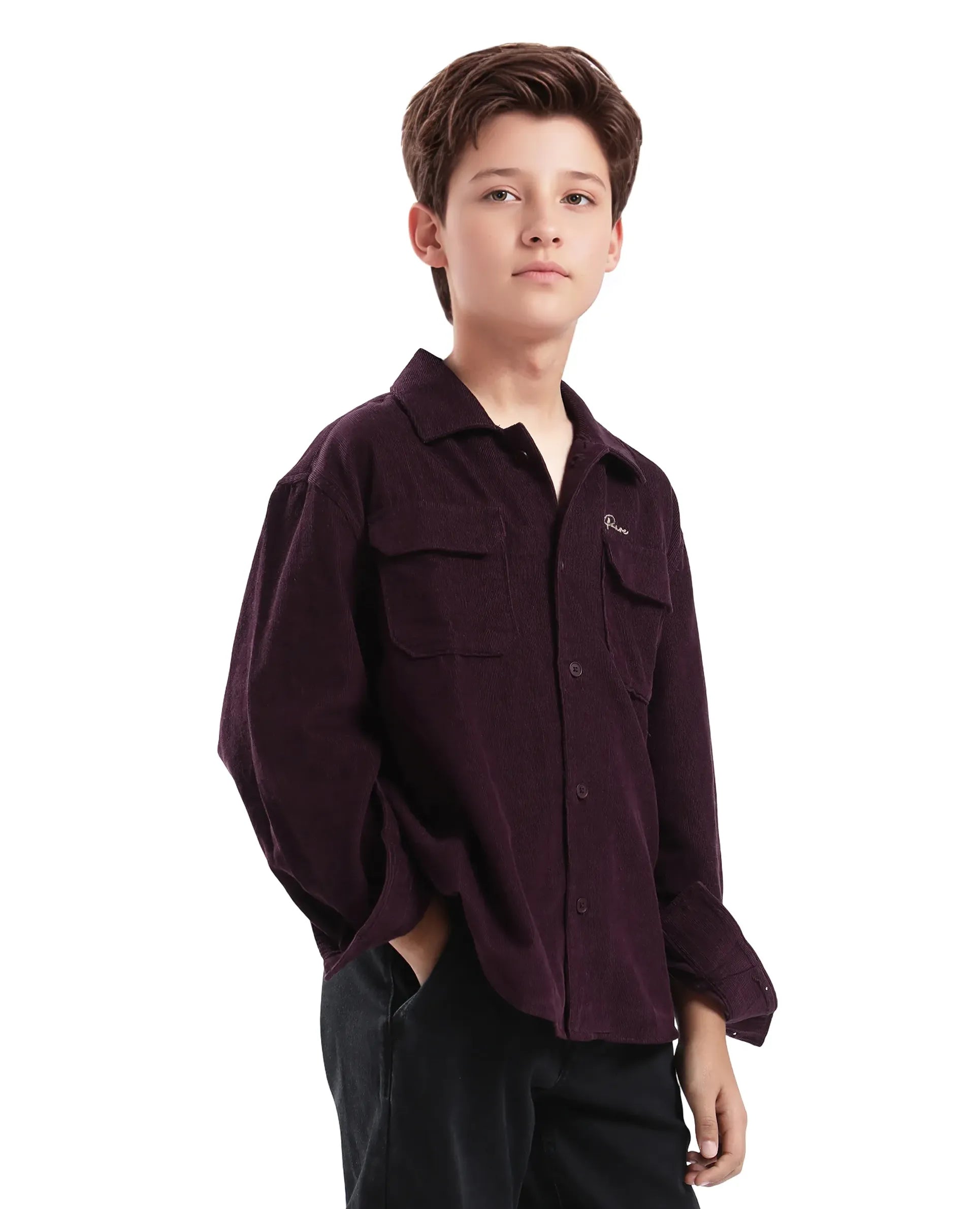 Rare Ones Kids Cord Maroon Cotton Full Sleeve Button Embroidered Regular Fit Shirt