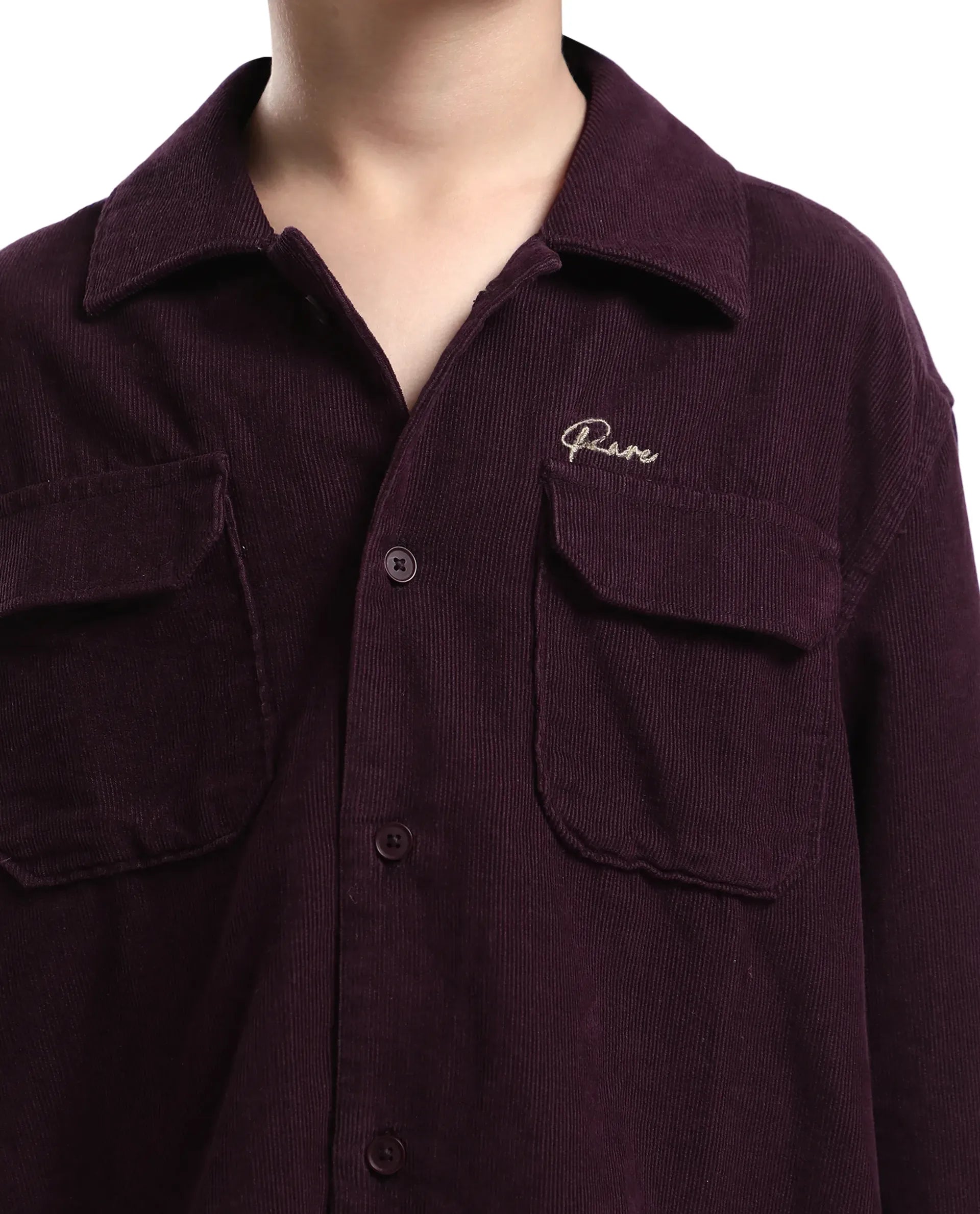 Rare Ones Kids Cord Maroon Cotton Full Sleeve Button Embroidered Regular Fit Shirt