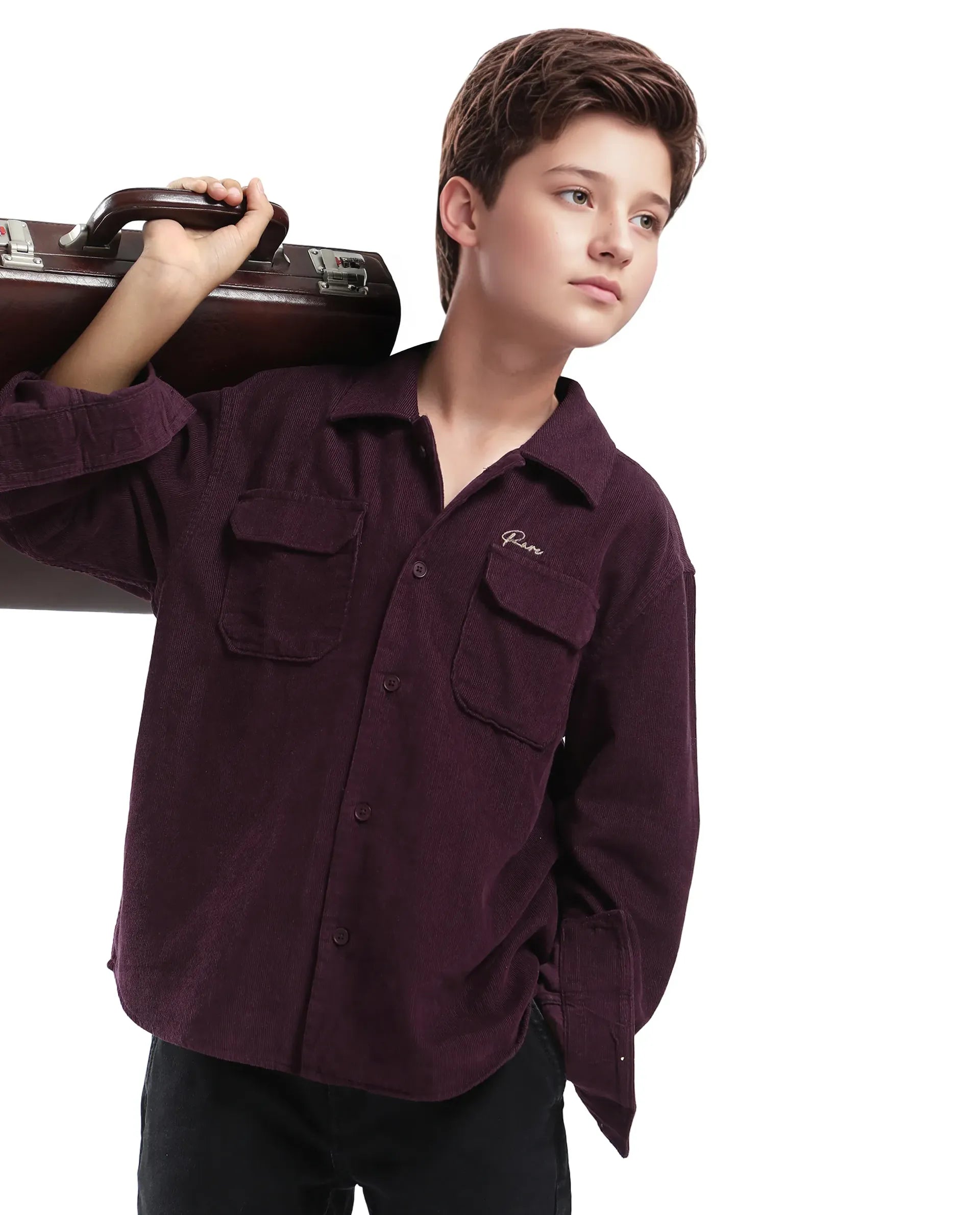 Rare Ones Kids Cord Maroon Cotton Full Sleeve Button Embroidered Regular Fit Shirt
