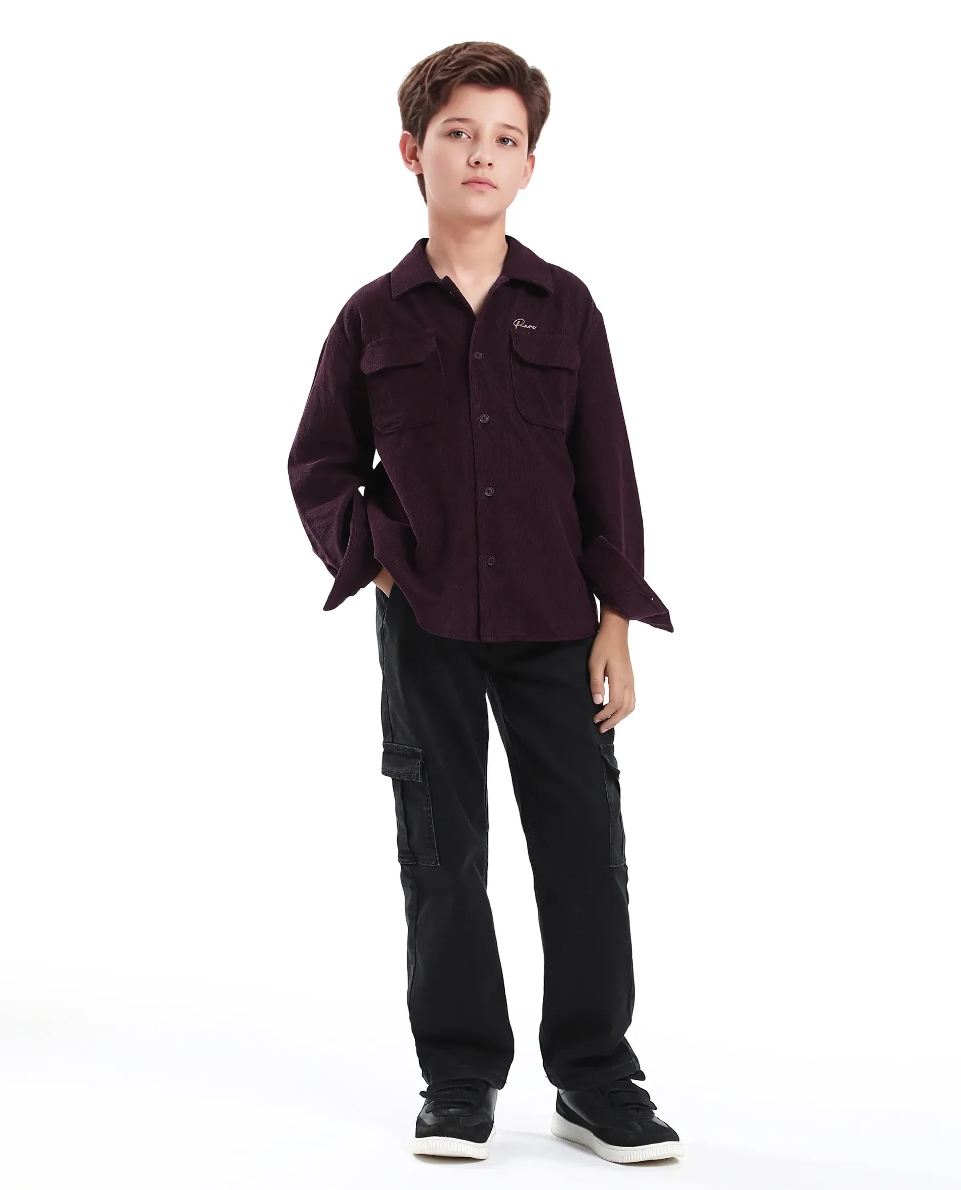 Rare Ones Kids Cord Maroon Cotton Full Sleeve Button Embroidered Regular Fit Shirt