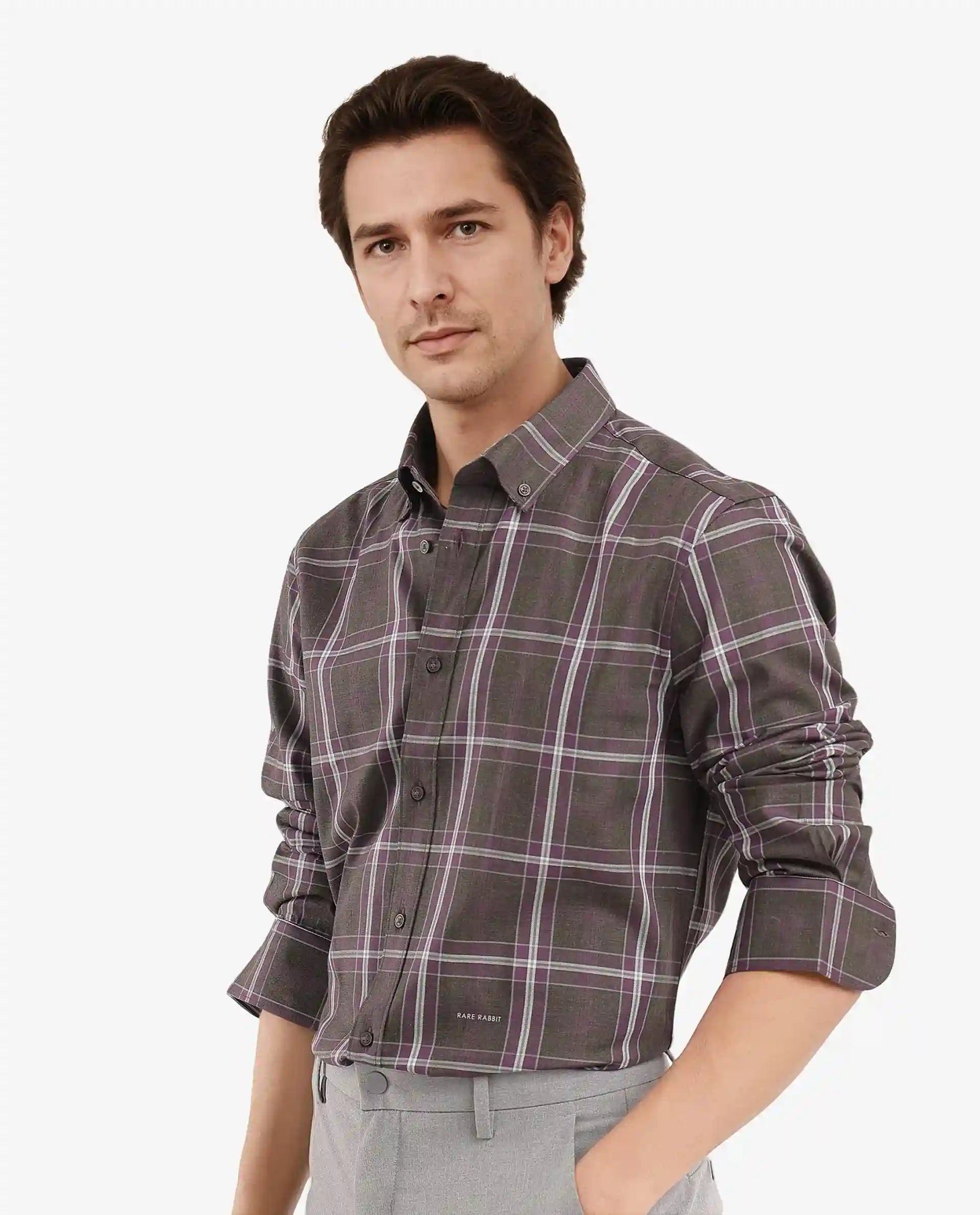 Rare Rabbit Men Cordy Dark Olive Full Sleeve Cotton Fabric Regular Fit Checks Shirt