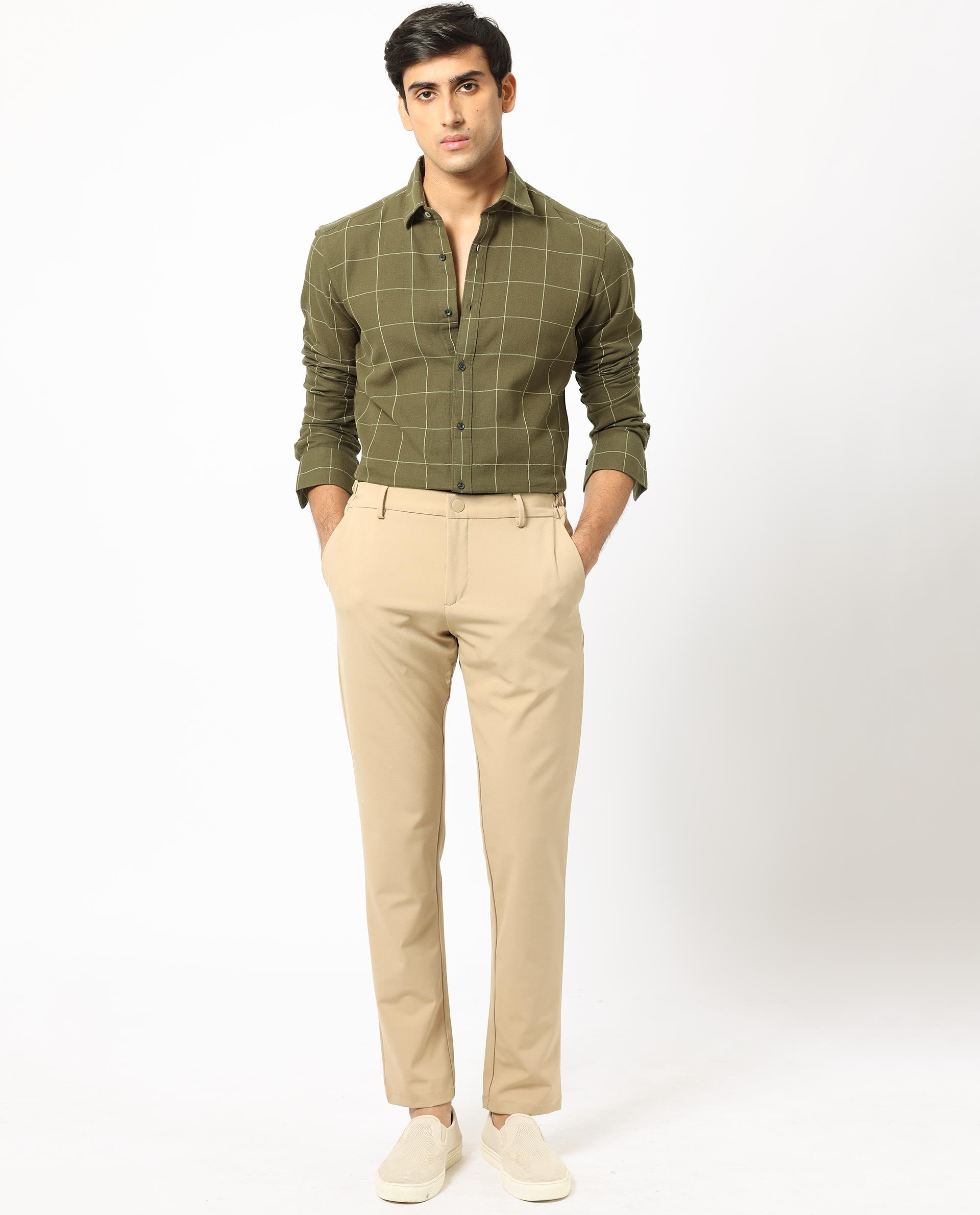 Rare Rabbit Men's Corneto Olive Cotton Fabric Full Sleeves Checks Shirt