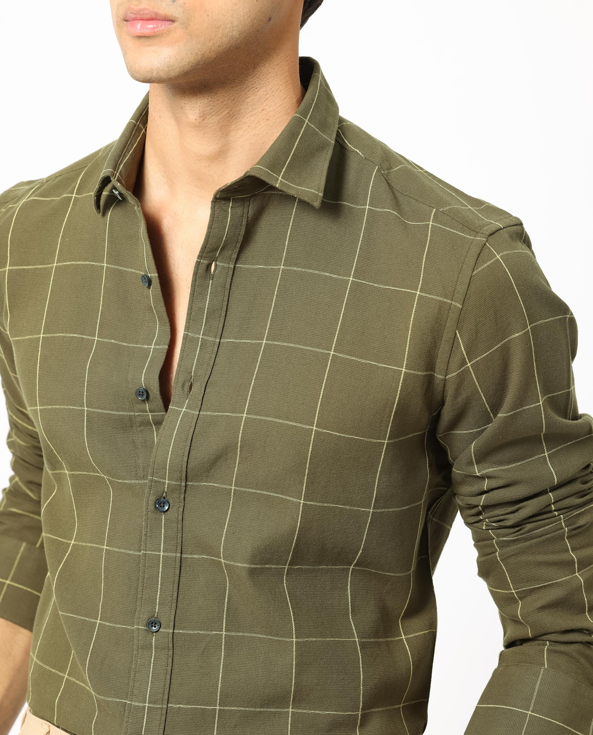 Rare Rabbit Men's Corneto Olive Cotton Fabric Full Sleeves Checks Shirt