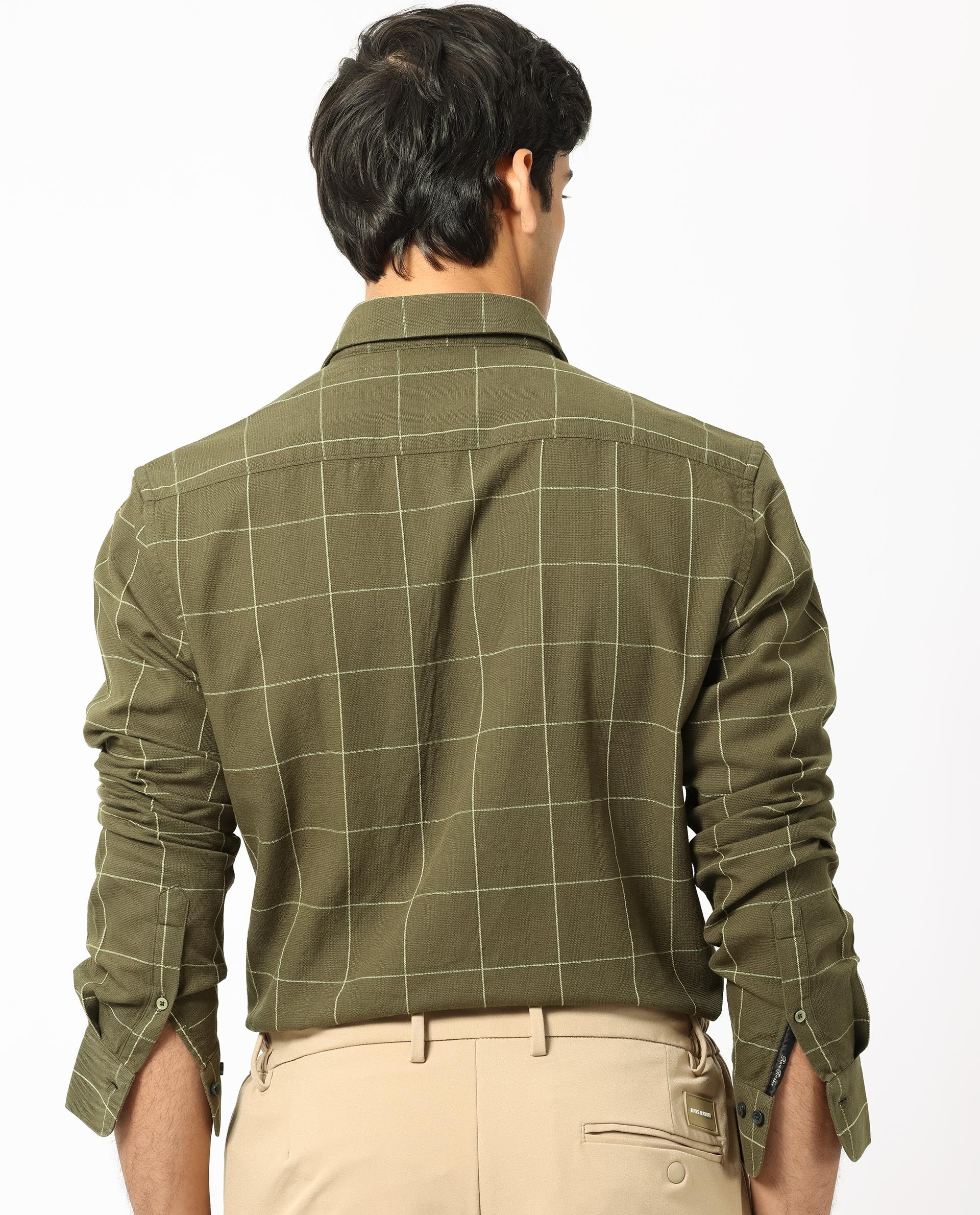 Rare Rabbit Men's Corneto Olive Cotton Fabric Full Sleeves Checks Shirt