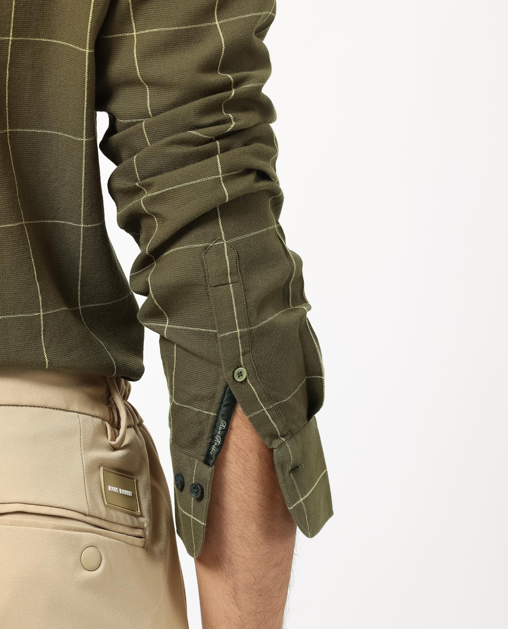 Rare Rabbit Men's Corneto Olive Cotton Fabric Full Sleeves Checks Shirt