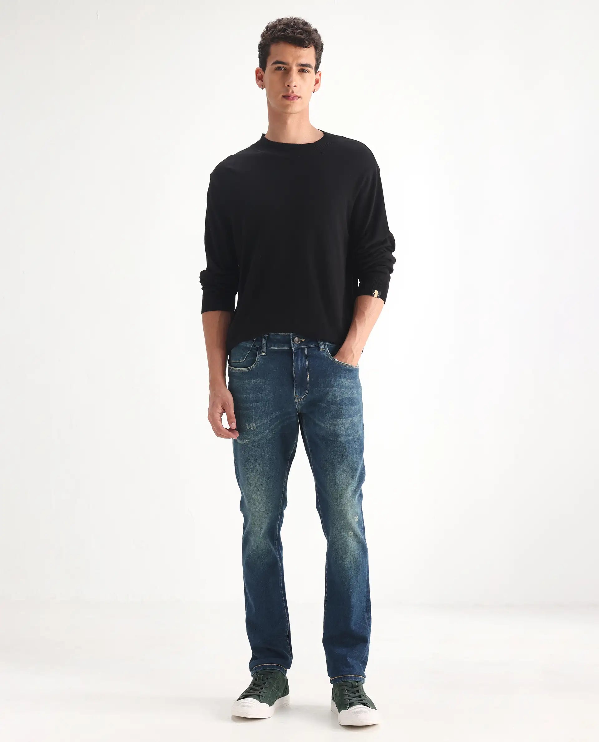 Rare Rabbit Men's Coro Pastel Blue Cotton Blend Plain Hawk Slim Fit Jeans